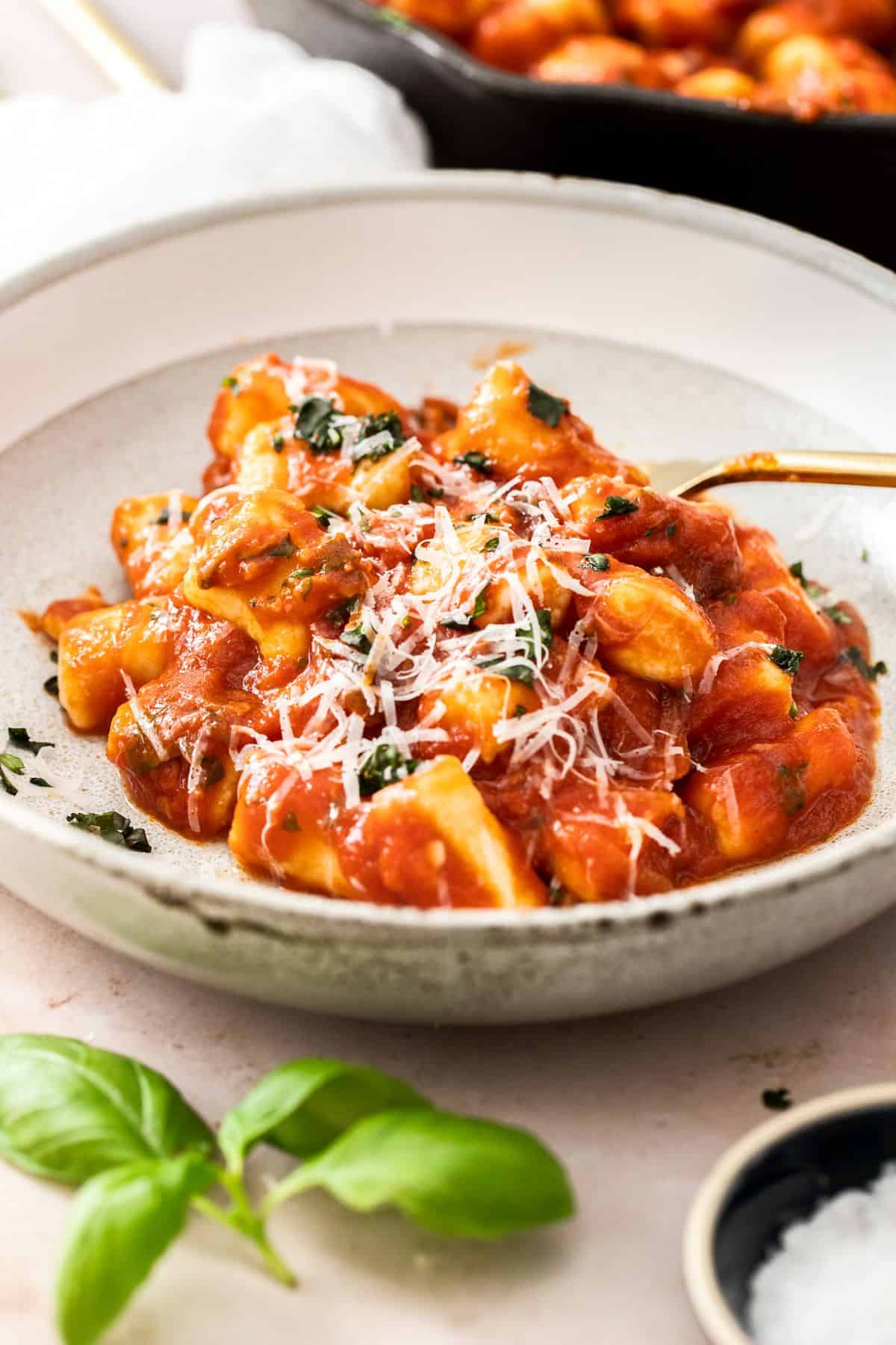 Dish with a serving of gnocchi in tomato sauce, garnished with some grated Parmesan cheese.