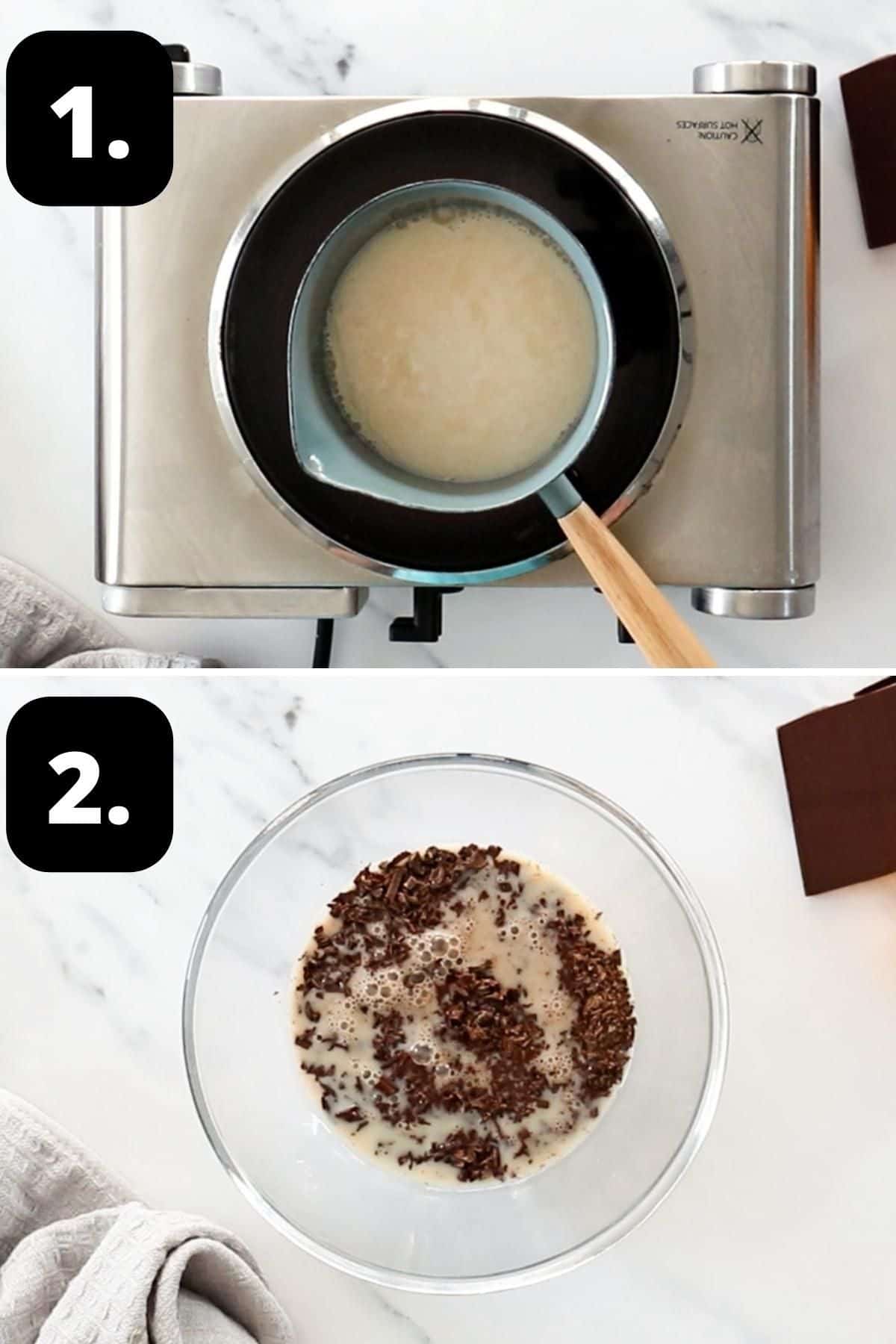 Steps 1-2 of preparing this recipe - heating the soy milk in a saucepan and pouring over the chocolate to melt it.