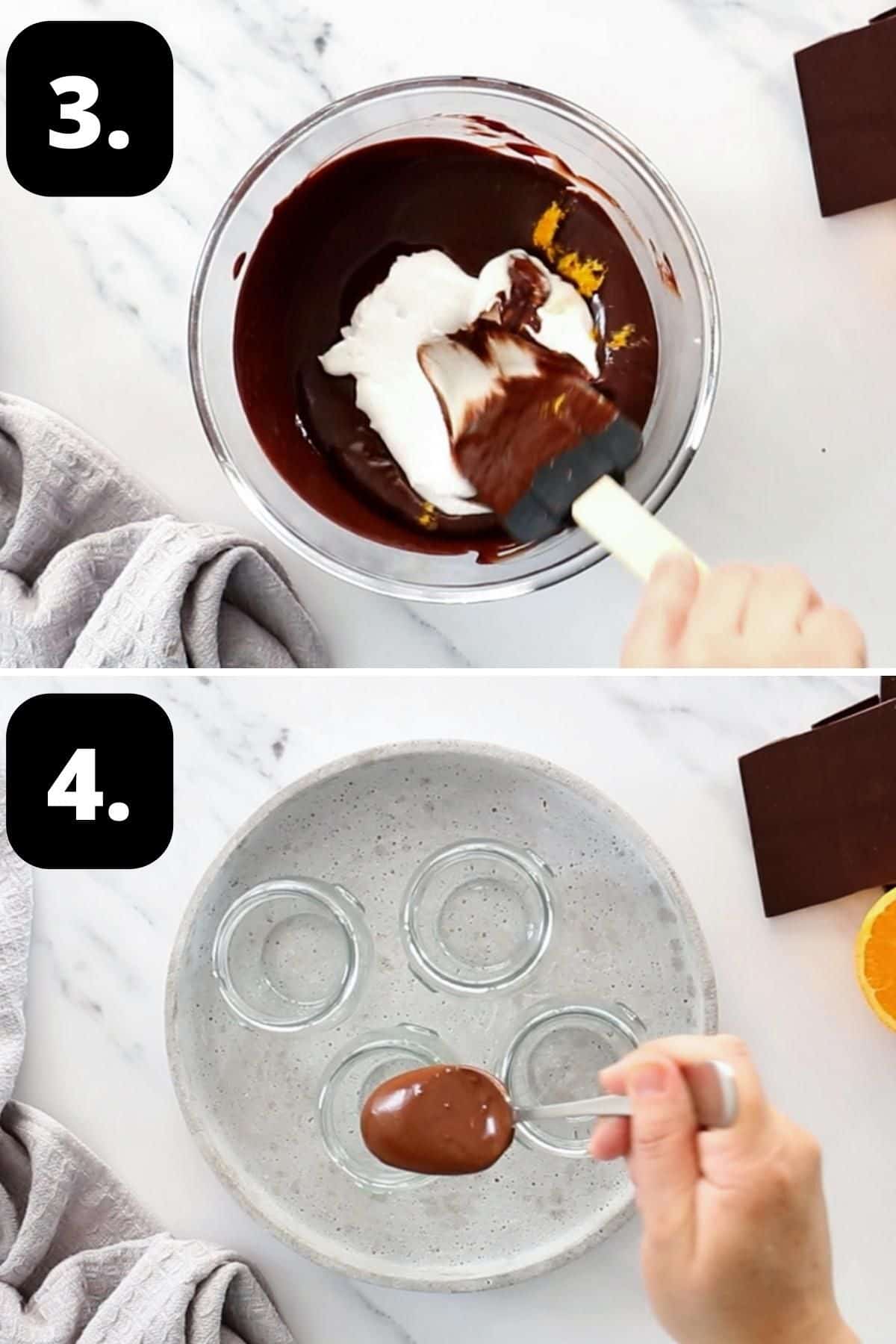 Steps 3-4 of preparing this recipe - adding the yoghurt and orange to the chocolate mix and spooning into jars.