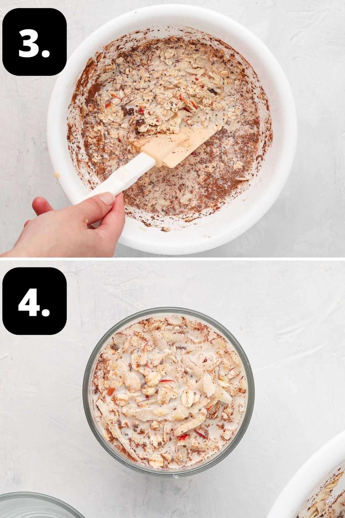 Steps 3-4 of preparing this recipe - mixing the ingredients in the bowl and putting them into a jar ready to refrigerate.