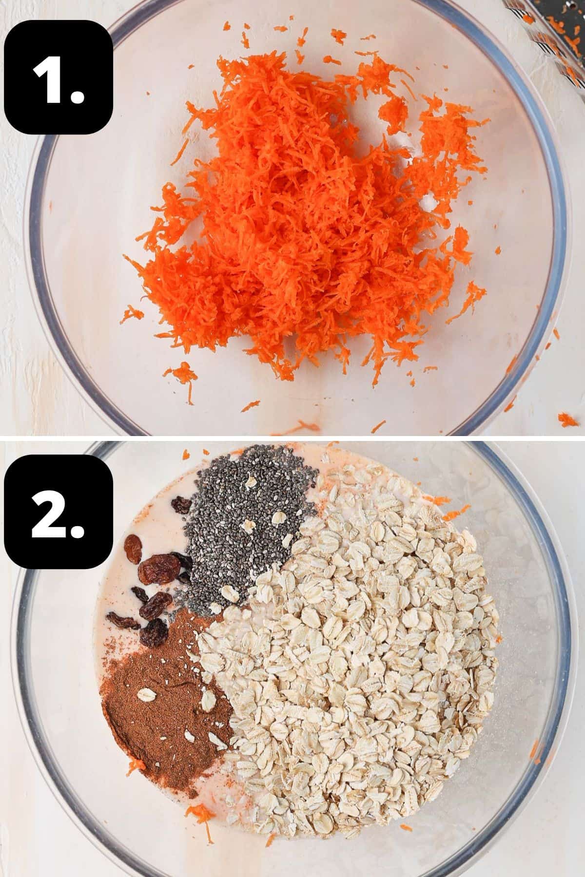 Steps 1-2 of preparing this recipe - the grated carrot in a bowl and adding the other ingredients to the carrot.