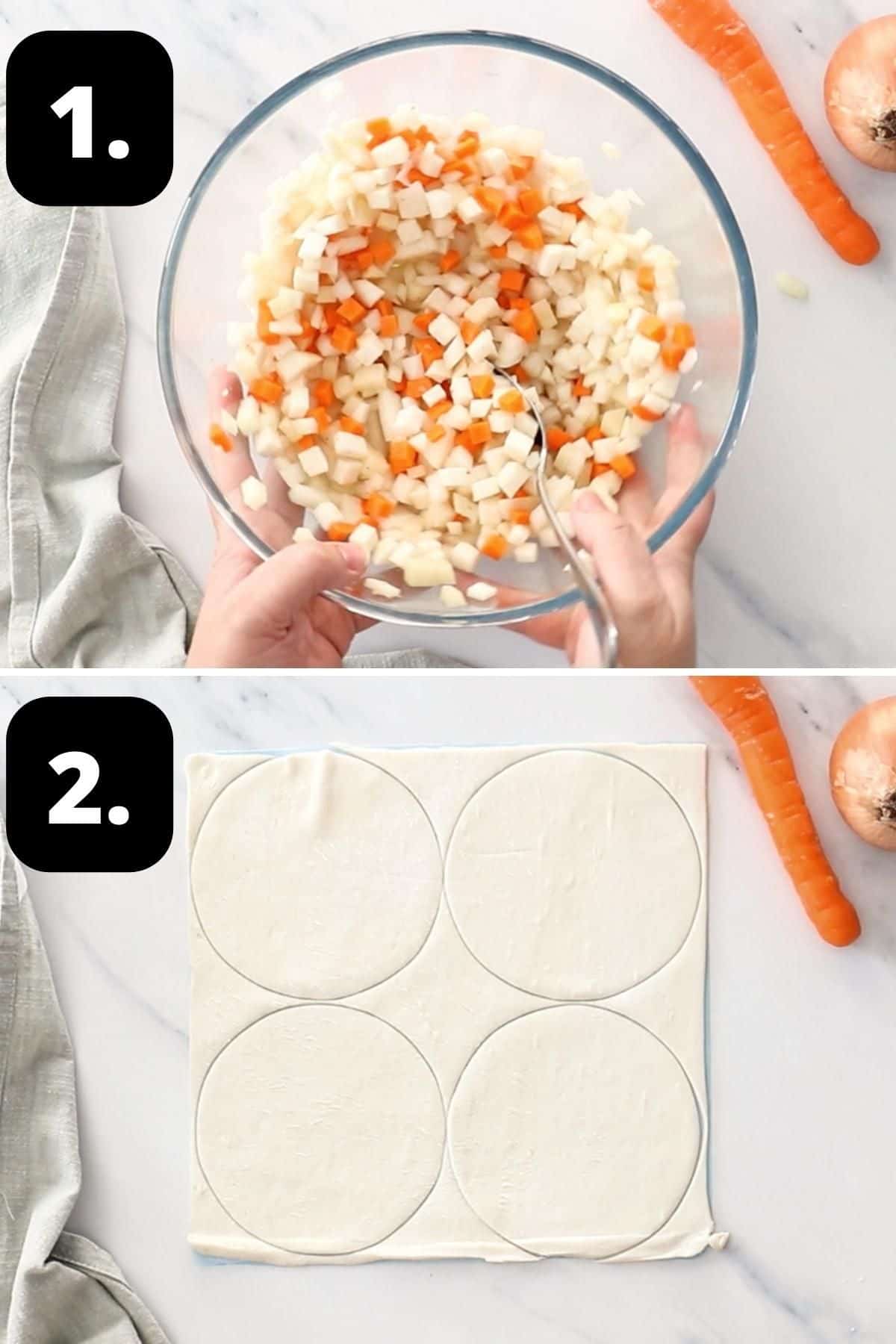 Steps 1-2 of preparing this recipe - the chopped vegetables in a glass bowl and the cut rounds from the puff pastry sheet.
