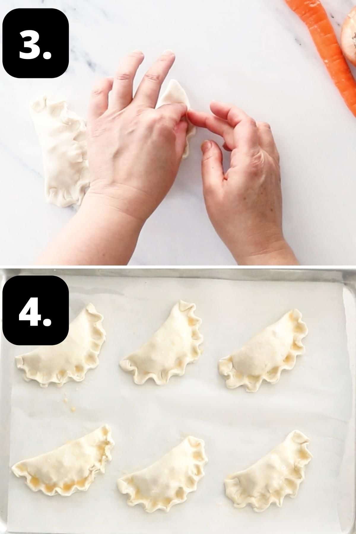 Steps 3-4 of preparing this recipe - shaping the pasties and the uncooked pasties on a tray ready to be baked.
