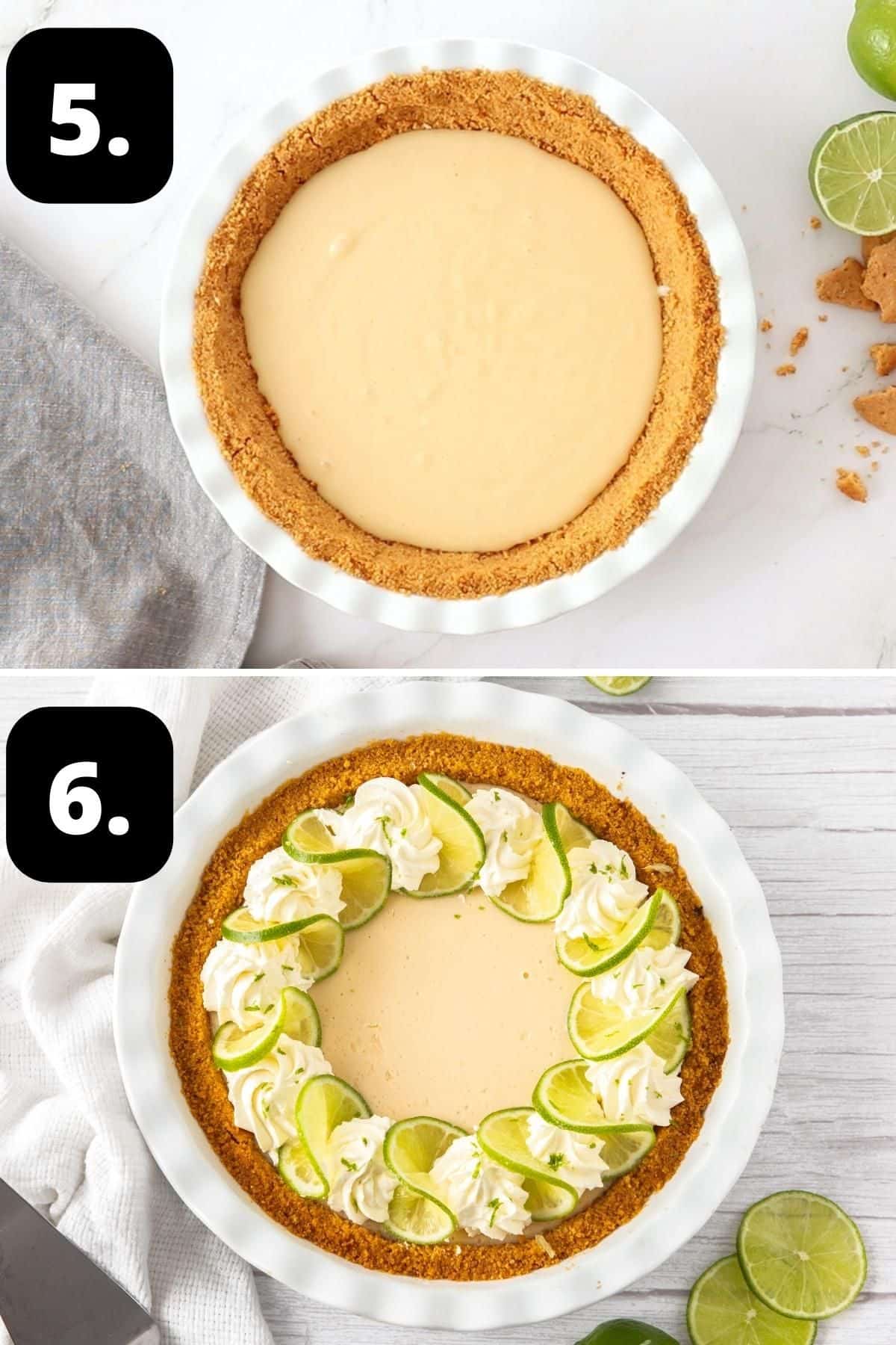 Steps 5-6 of preparing this recipe - the filling in the pie crust ready to bake and the decorated pie.