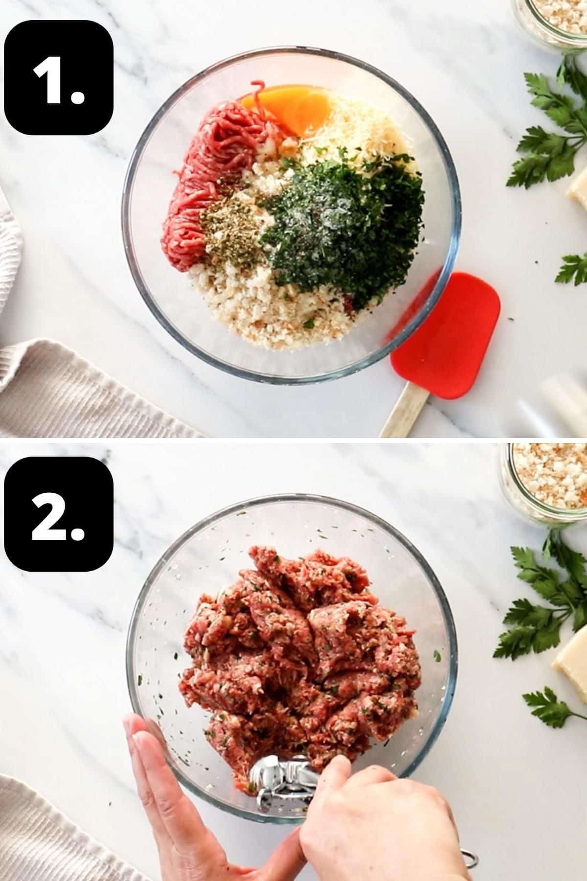 Steps 1-2 of preparing this recipe - adding the ingredients to a bowl and mixing the ingredients ready to scoop and shape into meatballs.