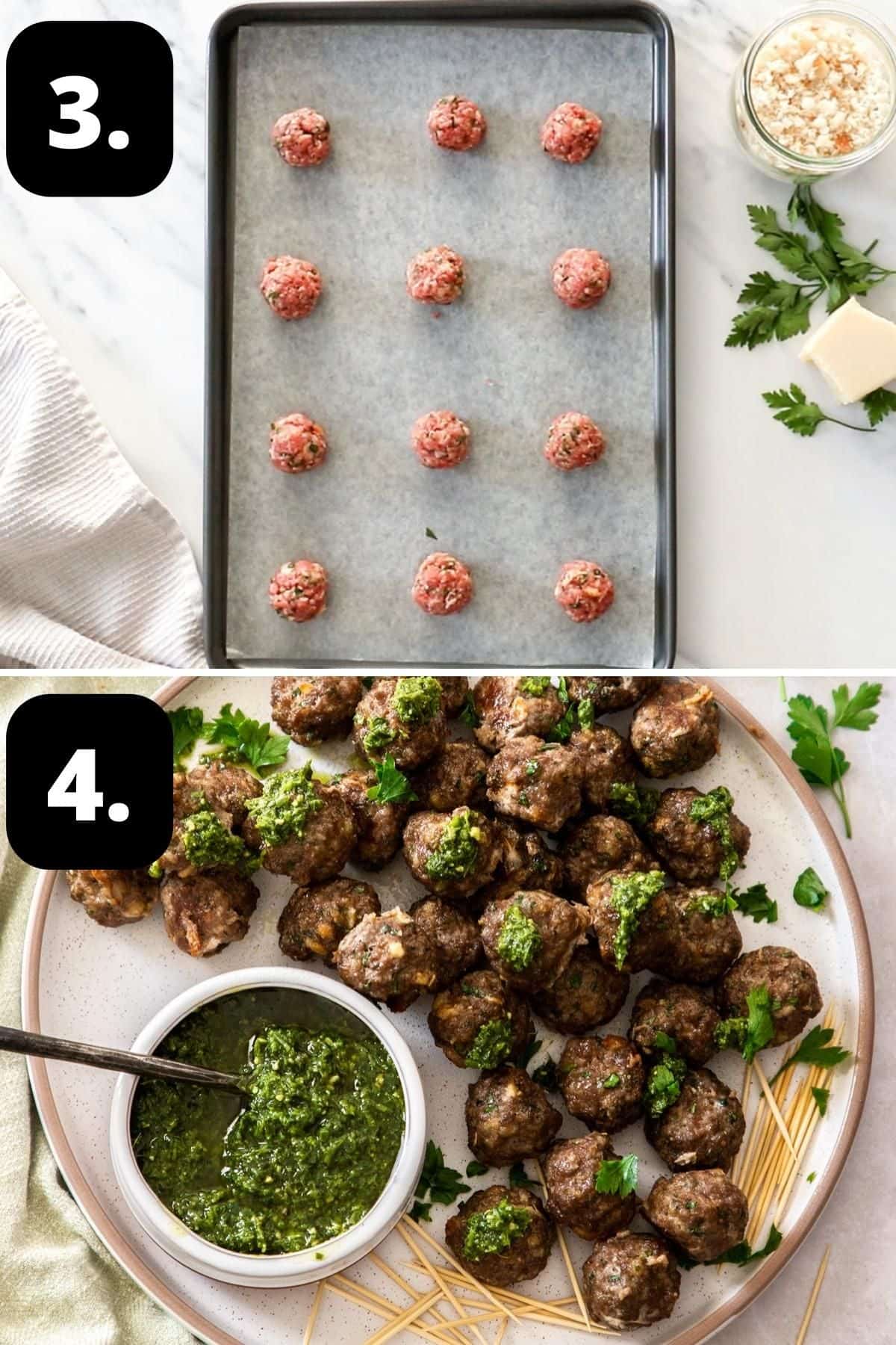 Steps 3-4 of preparing this recipe - the meatballs rolled on a baking tray ready to be cooked and the cooked meatballs ready to serve.