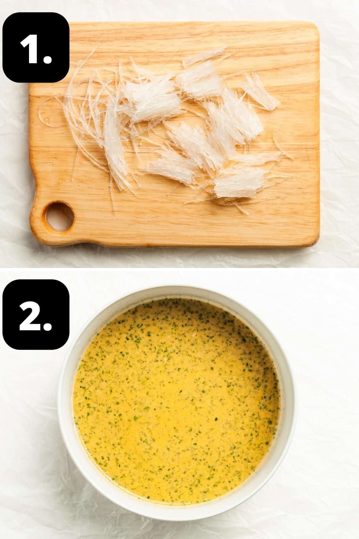 Steps 1-2 of preparing this recipe - cutting the noodles and the sauce base of the recipe in a bowl.