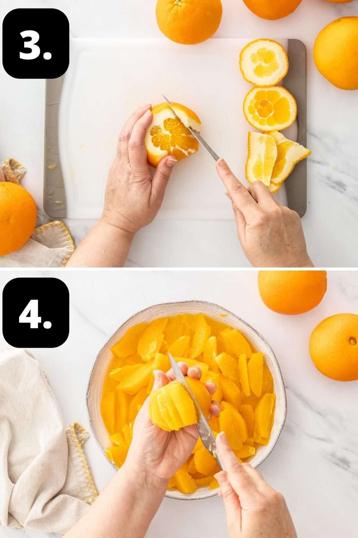 Steps 3-4 of preparing this recipe - removing the peel and segmenting the oranges.