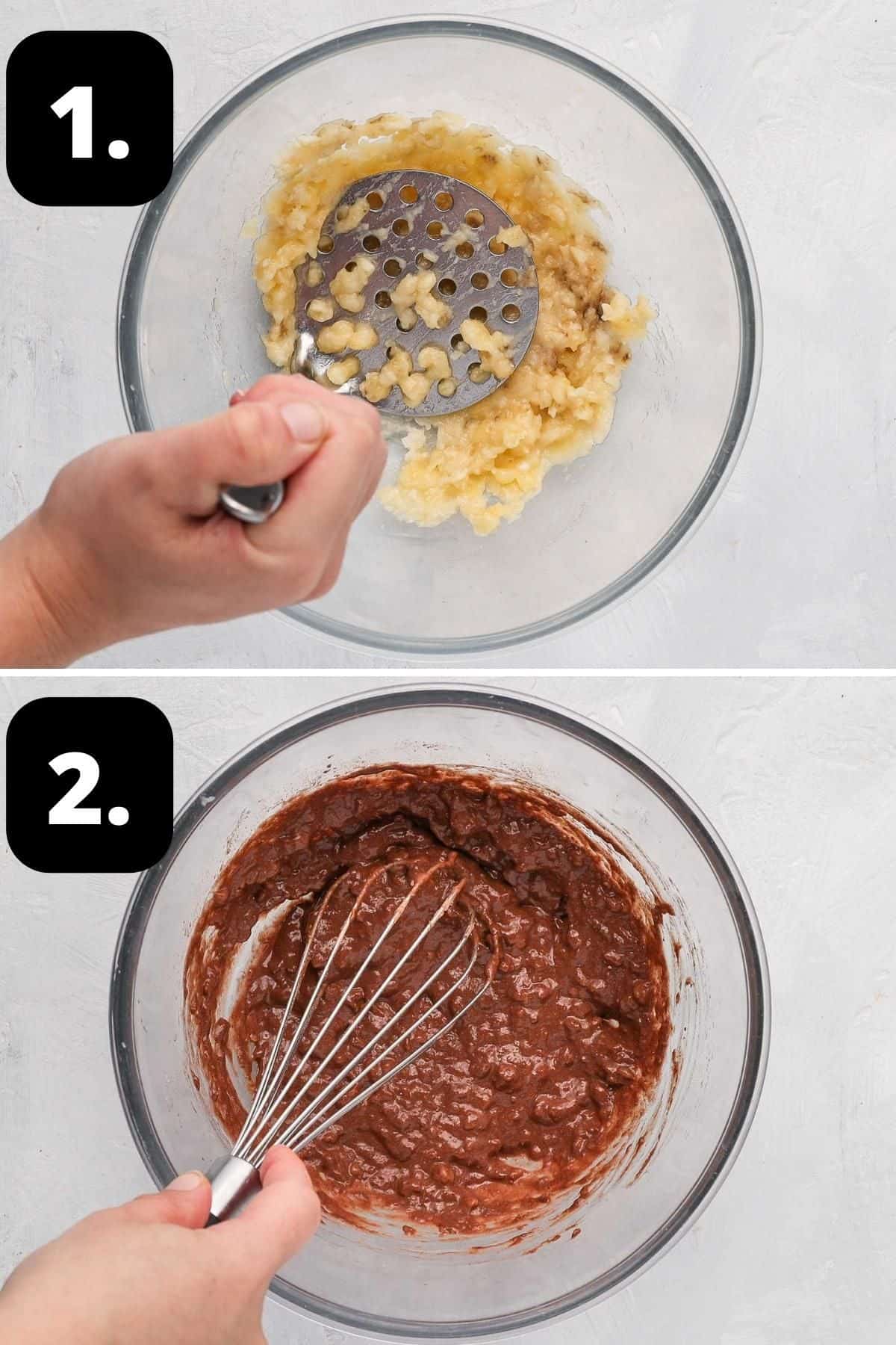 Steps 1-2 of preparing this recipe - mashing the banana in a bowl and mixing in the cacao, vanilla and maple syrup.