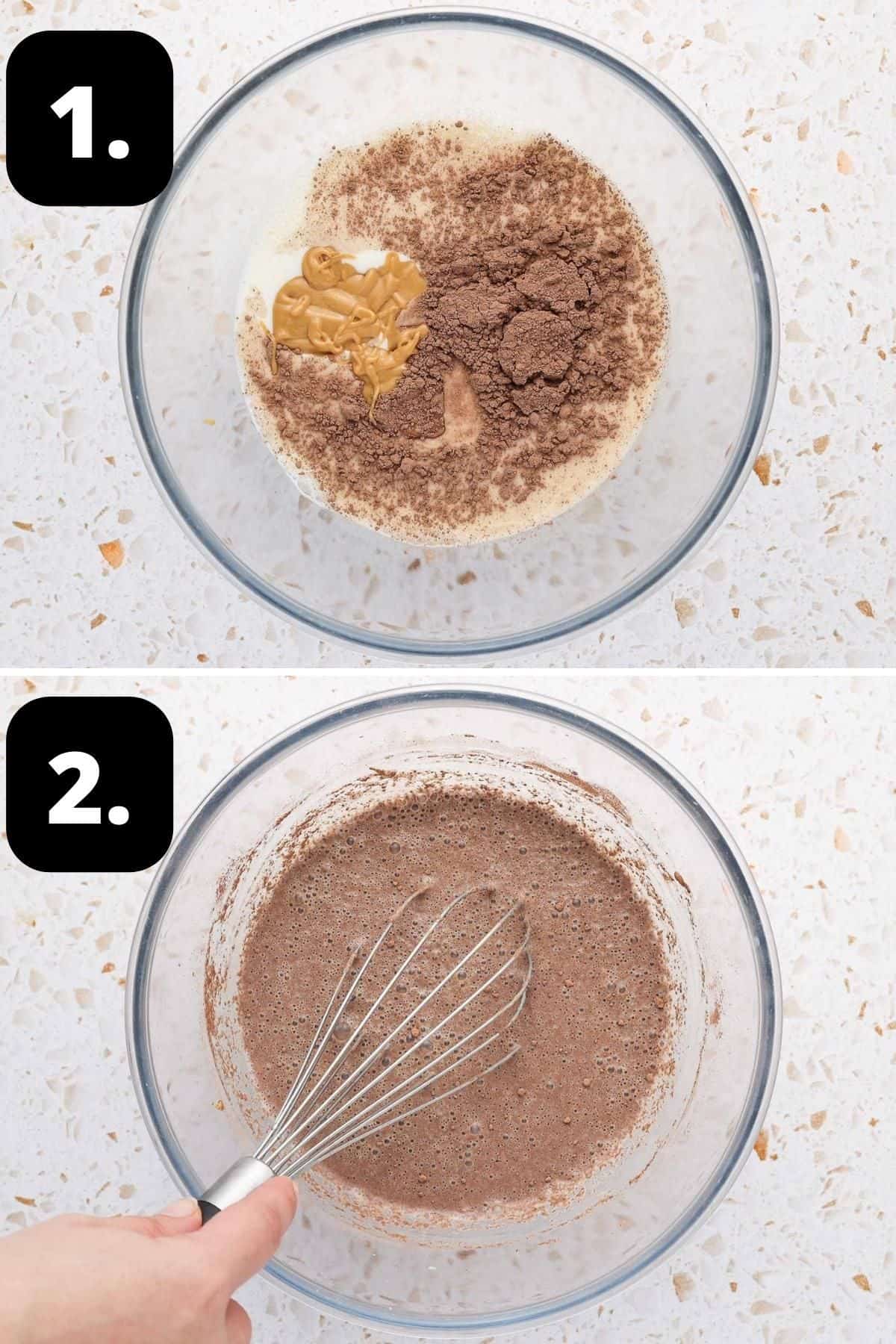 Steps 1-2 of preparing this recipe - the cacao, peanut butter and milk in a bowl and the mixture combined.