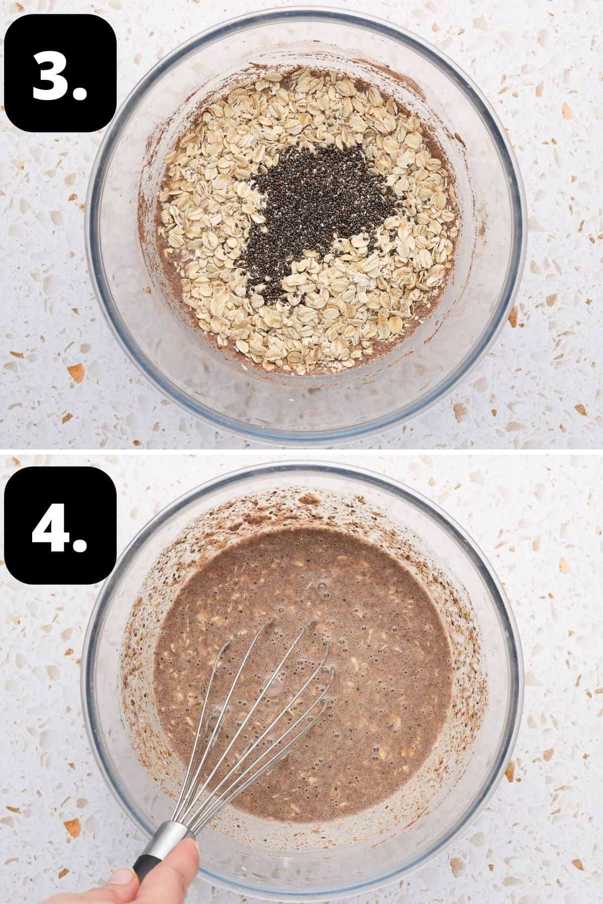 Steps 3-4 of preparing this recipe - adding the oats and chia to the wet ingredients and the mixture combined ready to go in the fridge.
