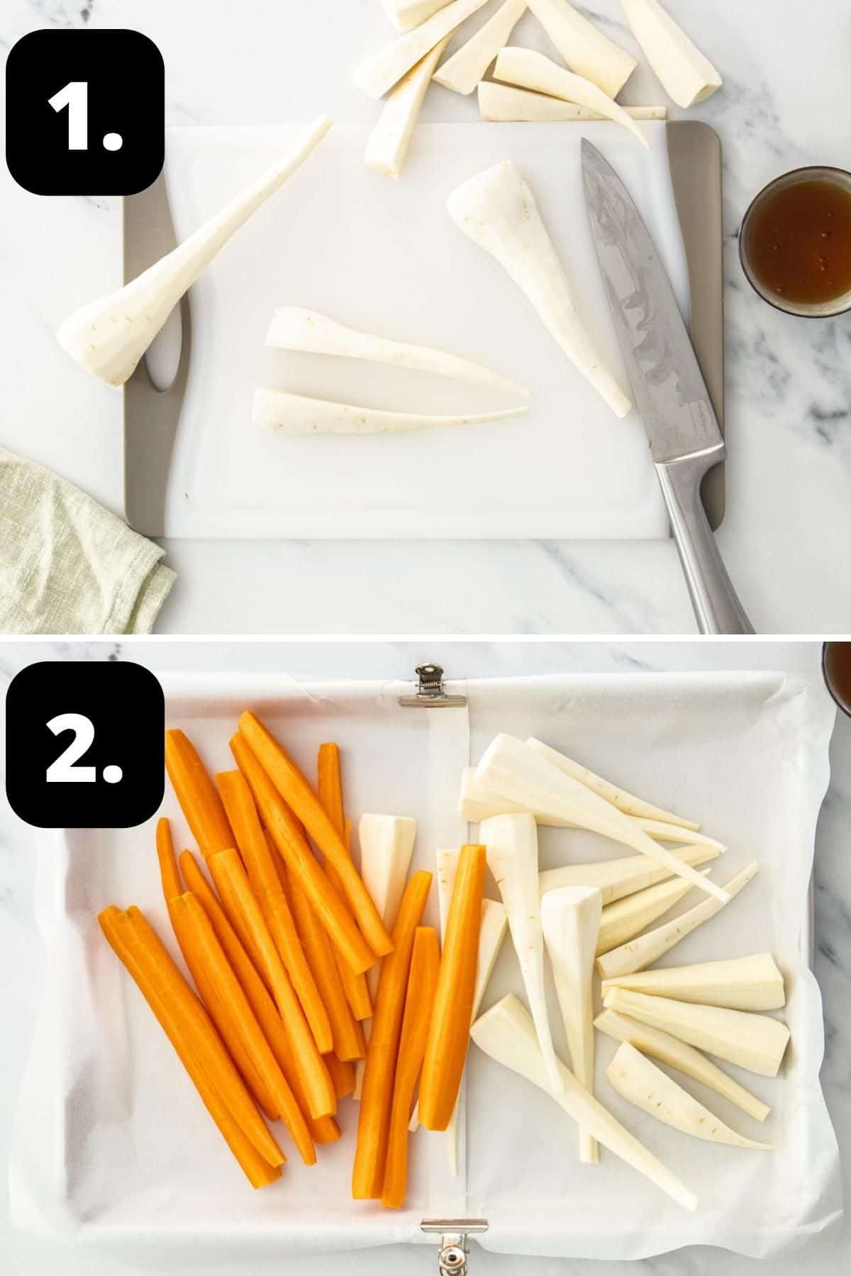 Steps 1-2 of preparing this recipe - cutting the parsnips and adding the cut vegetables to a baking tray.