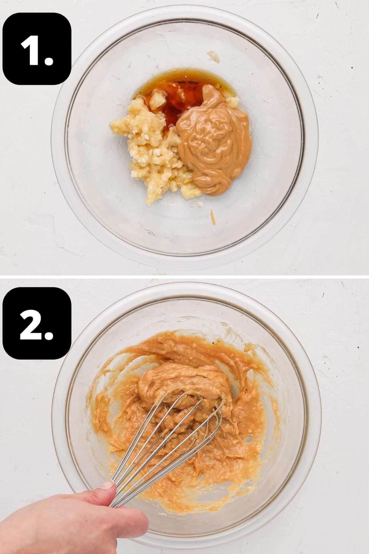 Steps 1-2 of preparing this recipe - adding the maple syrup, banana and peanut butter to a bowl and whisking the mixture until smooth.