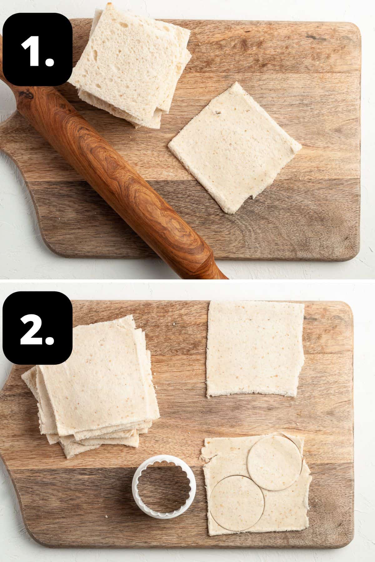 Steps 1-2 of preparing this recipe - the bread with the crusts removed and the rolled bread being cut into circles.