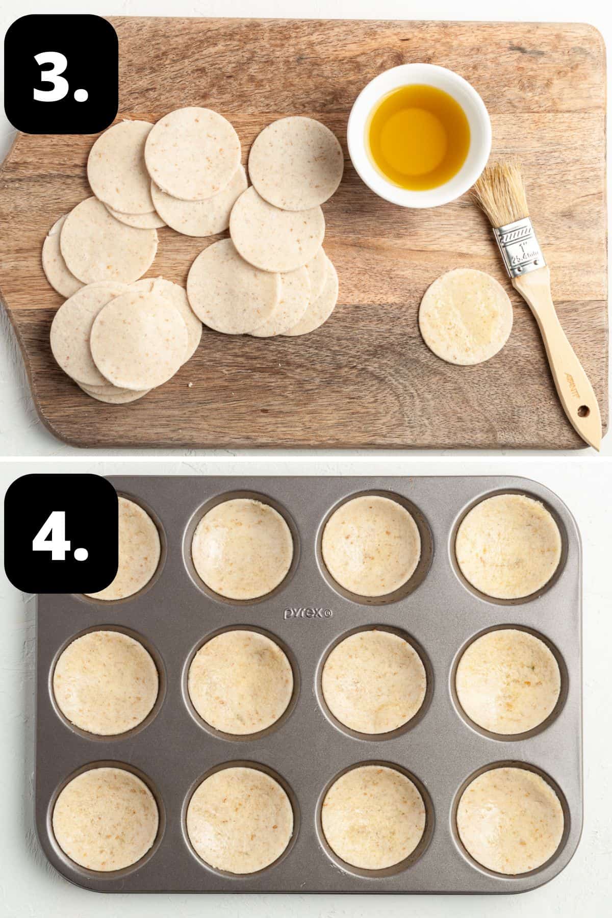 Steps 3-4 of preparing this recipe - brushing the bread rounds with oil and putting them into the patty pan tins.
