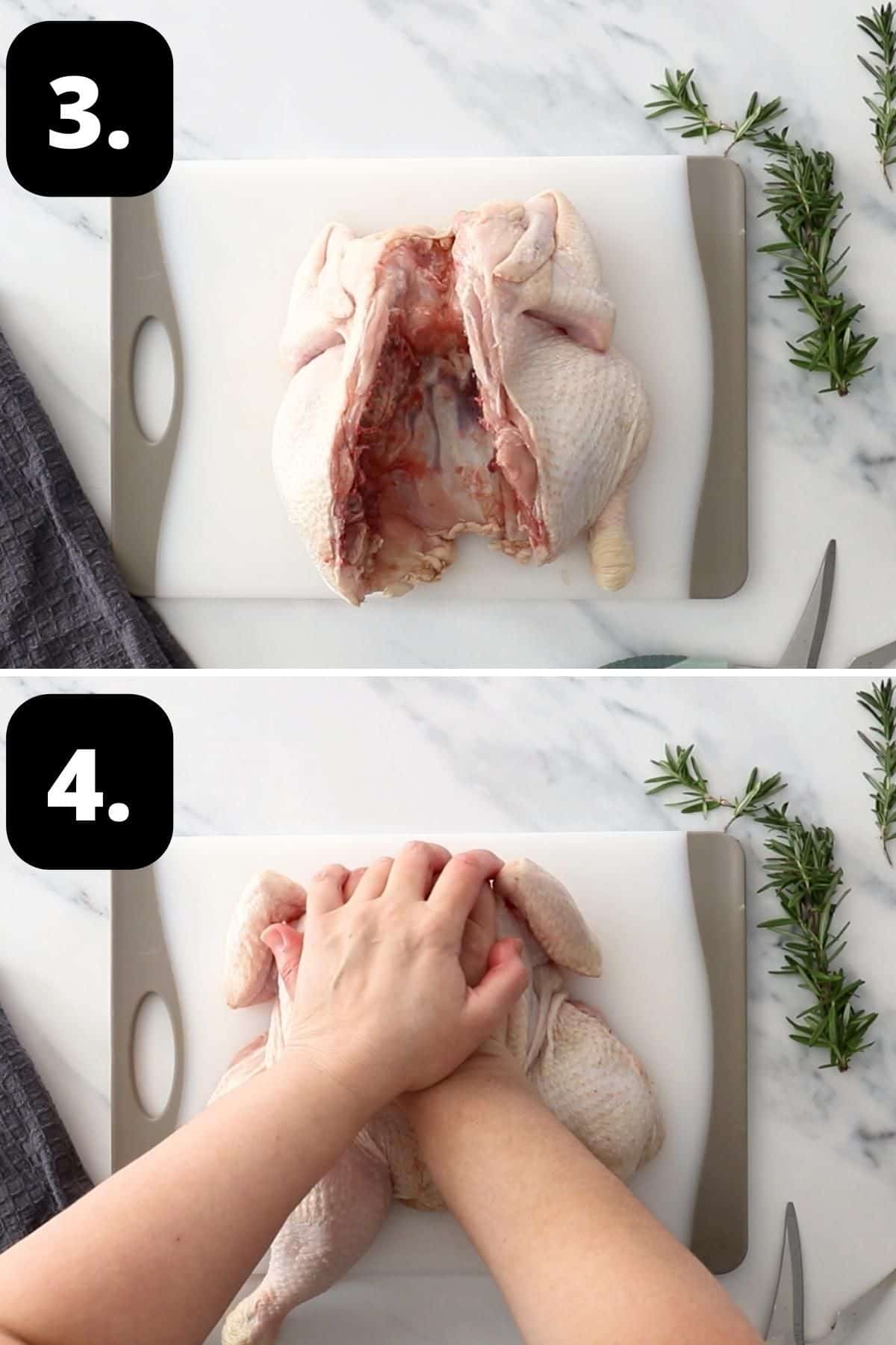 Steps 3-4 of preparing this recipe - the chicken once the backbone has been removed, and turning the chicken over to flatten the breastbone.