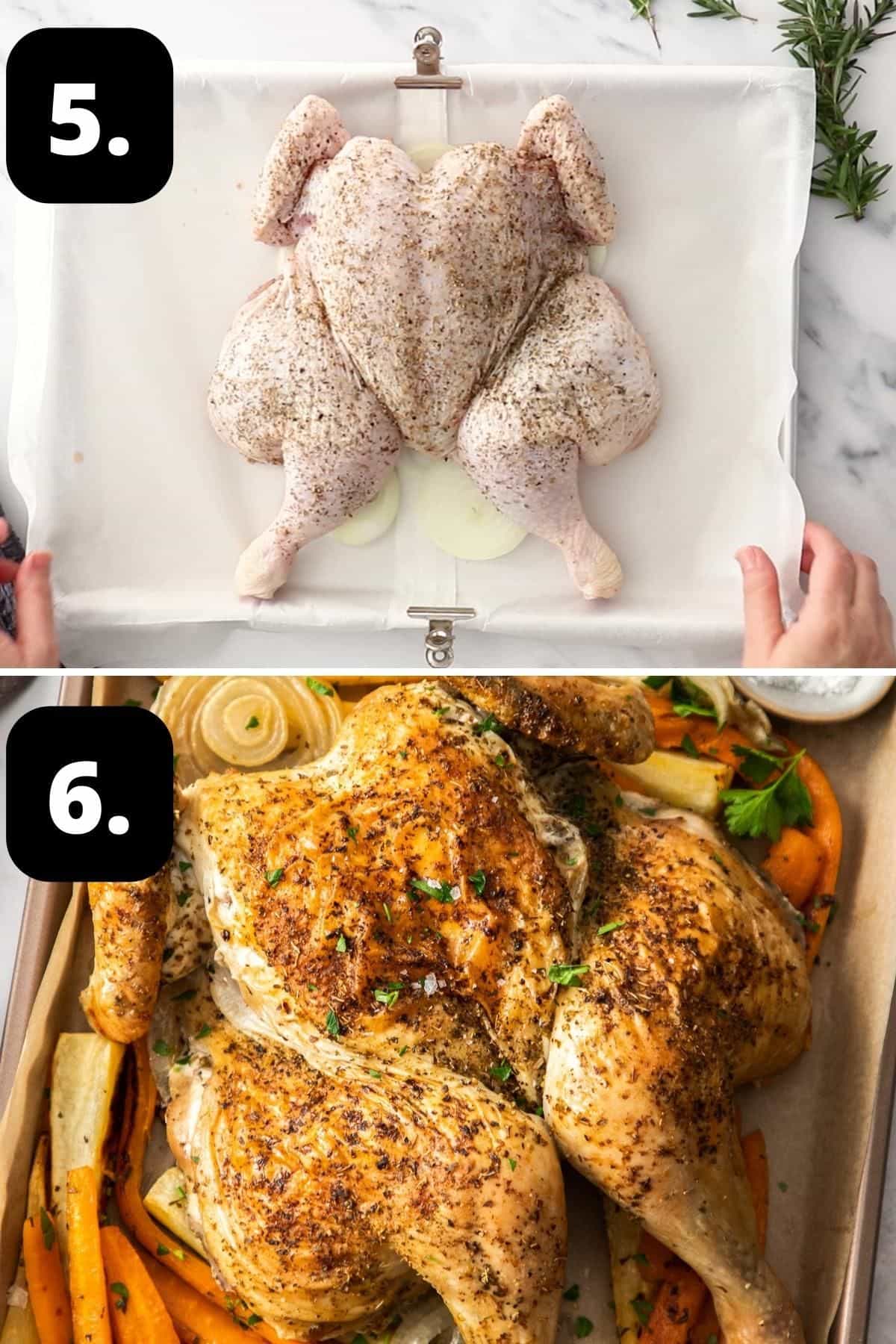 Steps 5-6 of preparing this recipe - the chicken prepared and ready to roast and the roasted chicken out of the oven.