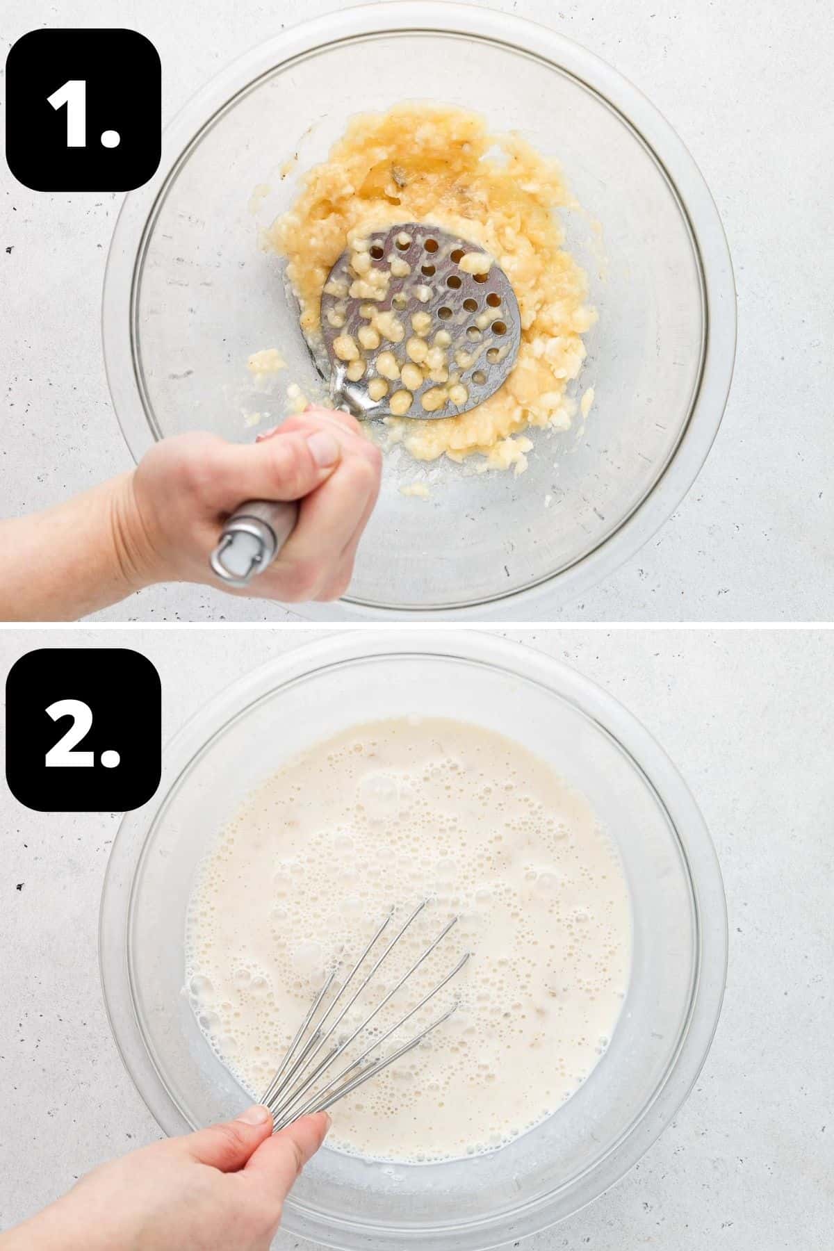 Steps 1-2 of preparing this recipe - mashing the banana in a glass bowl and mixing in the milk.