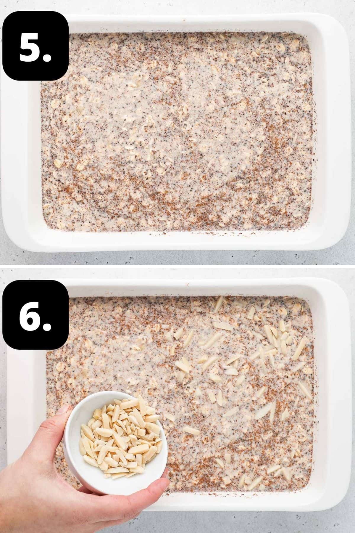 Steps 5-6 of preparing this recipe - the mixture in the baking dish and sprinkling the top with slivered almonds.