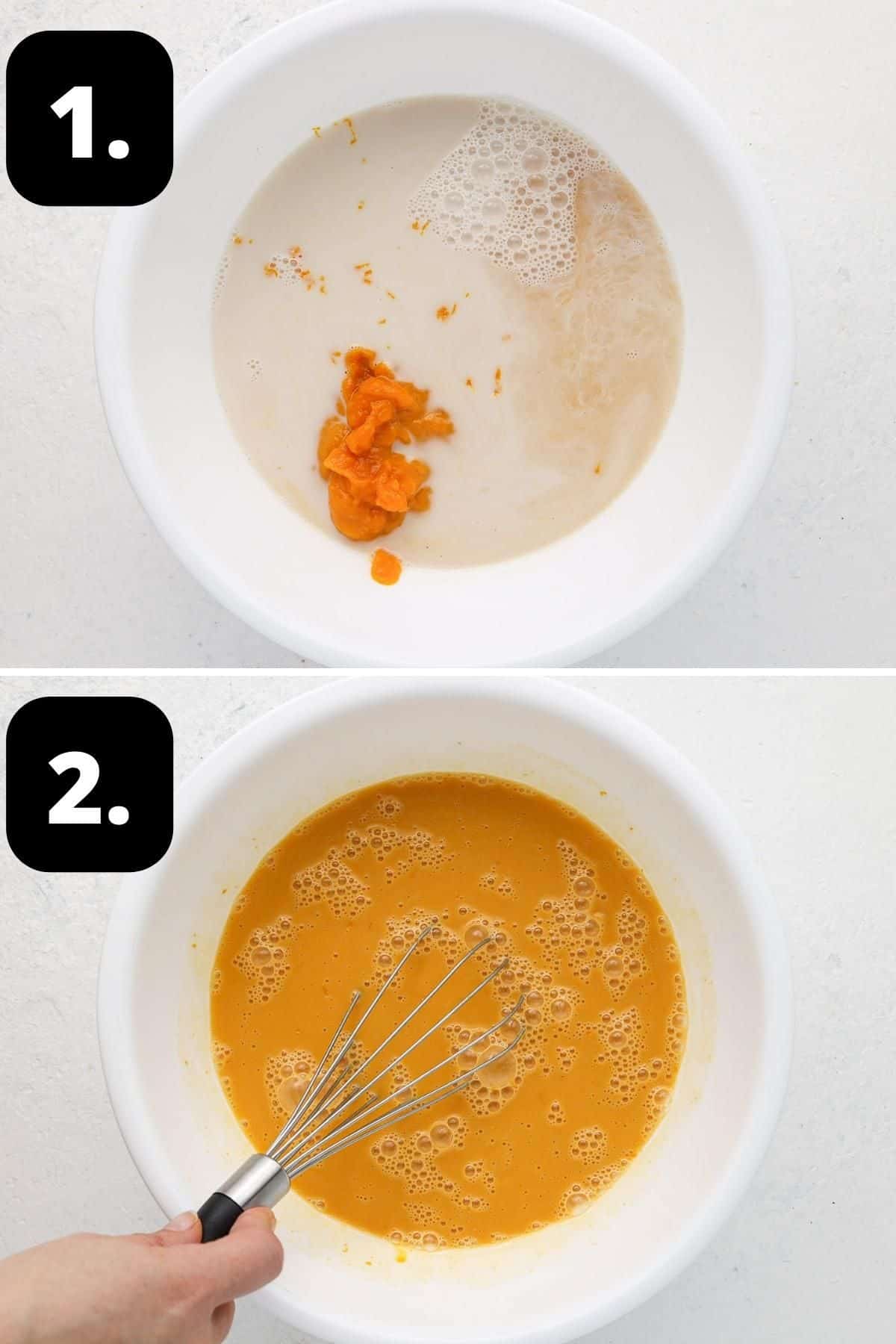 Steps 1-2 of preparing this recipe - the liquid ingredients in a bowl and whisking the ingredients together.