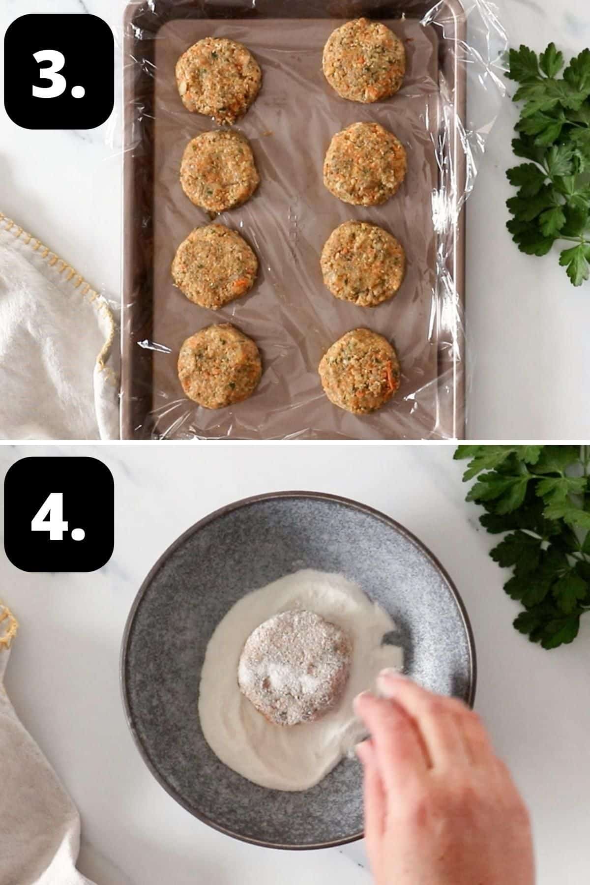 Steps 3-4 of preparing this recipe - the flattened and shaped patties on a tray and coating the patties in rice flour.