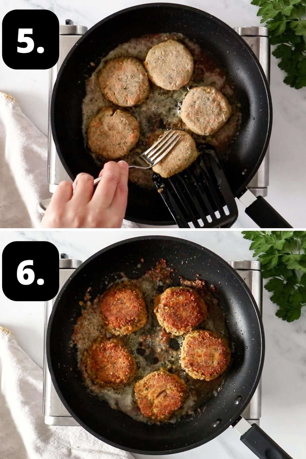 Steps 5-6 of preparing this recipe - frying the patties in oil and the cooked patties in the pan ready to serve.