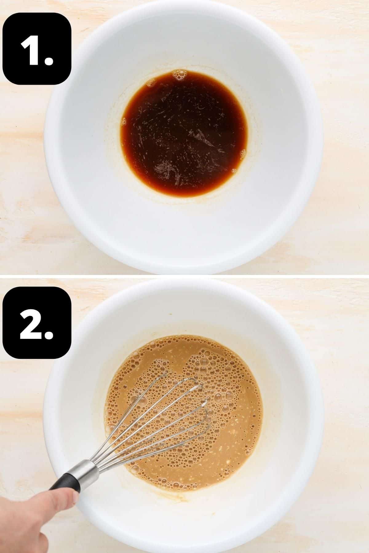 Steps 1-2 of preparing this recipe - the espresso coffee in a white bowl, and mixing the coffee together with the milk and maple syrup.