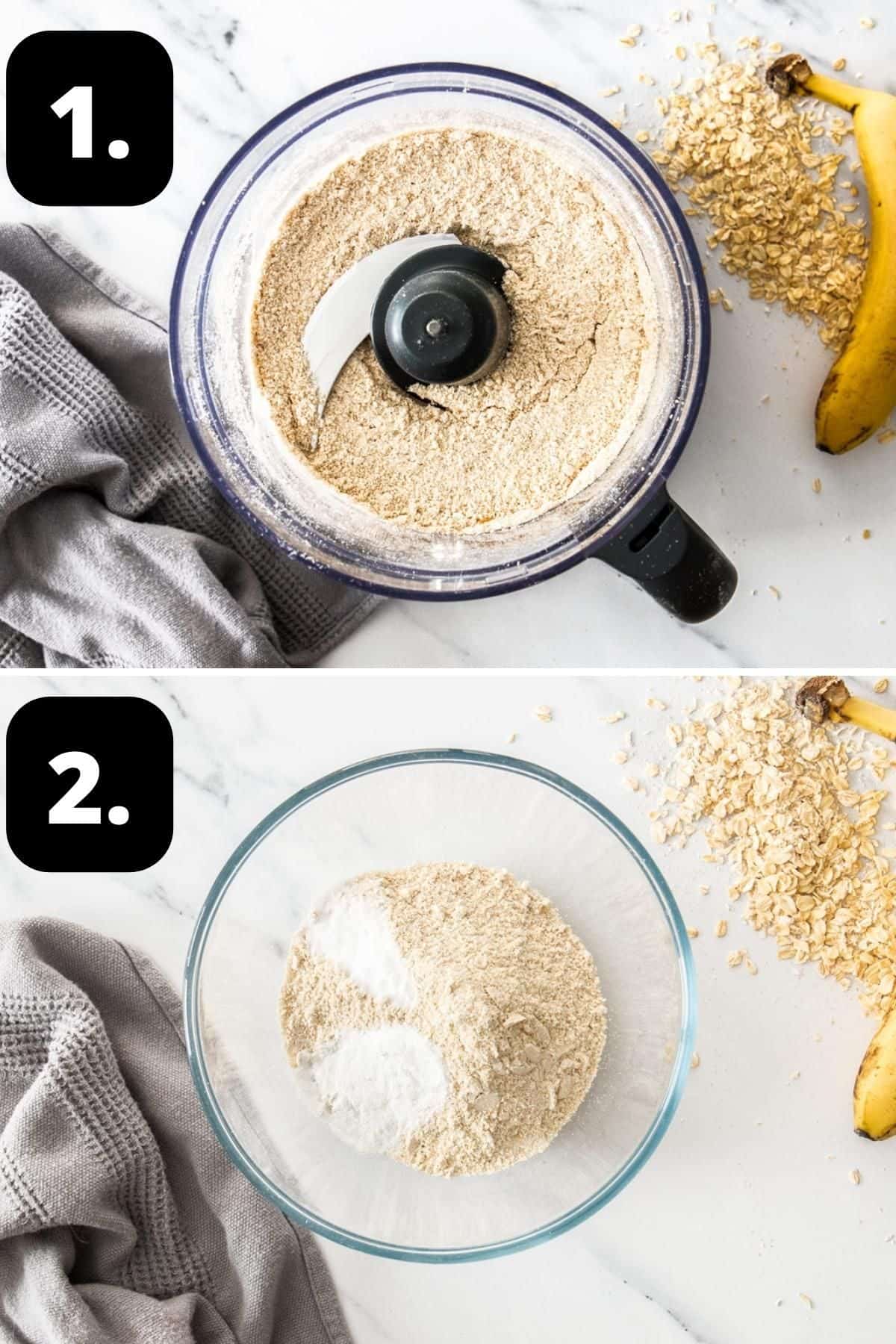 Steps 1-2 of preparing this recipe - blending the oats into flour, and adding to a bowl with the other dry ingredients.