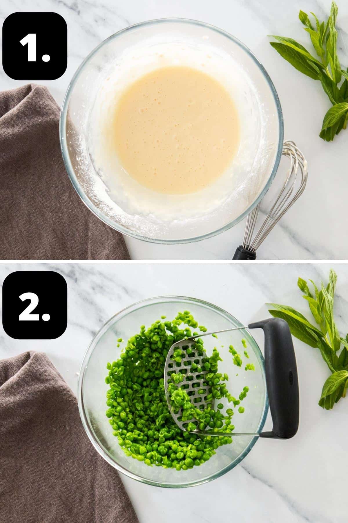 Steps 1-2 of preparing this recipe - preparing the batter in a bowl and mashing the peas slightly in another bowl.
