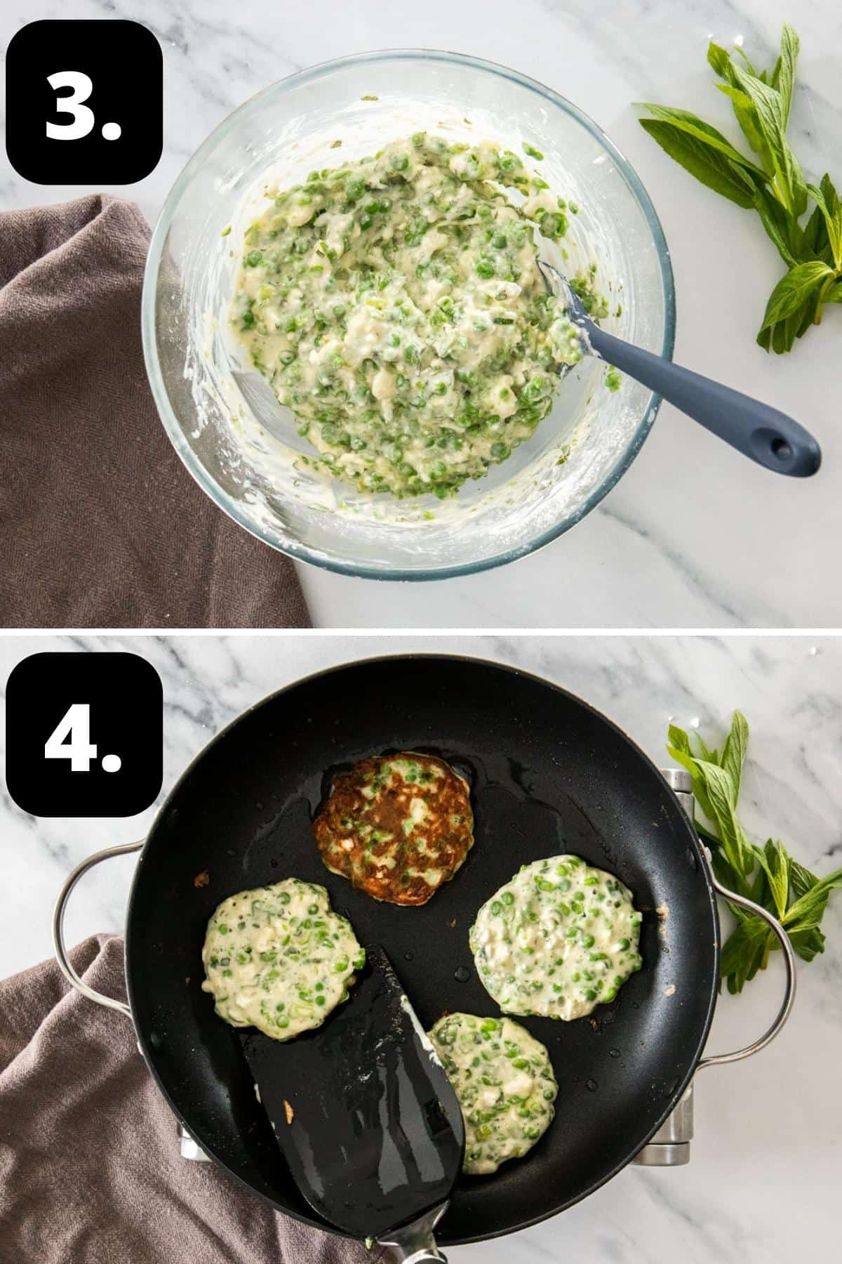 Steps 3-4 of preparing this recipe - combining the peas and batter and frying the fritters.