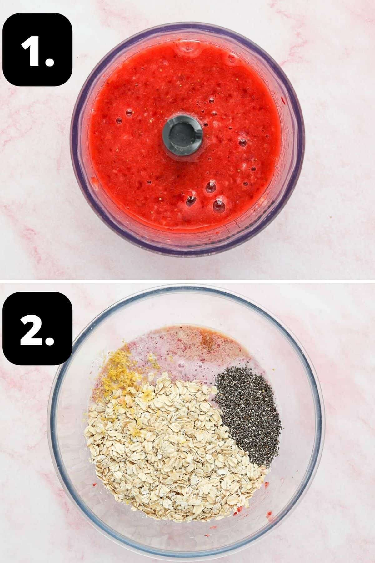 Steps 1-2 of preparing this recipe - the blended strawberry puree and all of the ingredients in a glass bowl.
