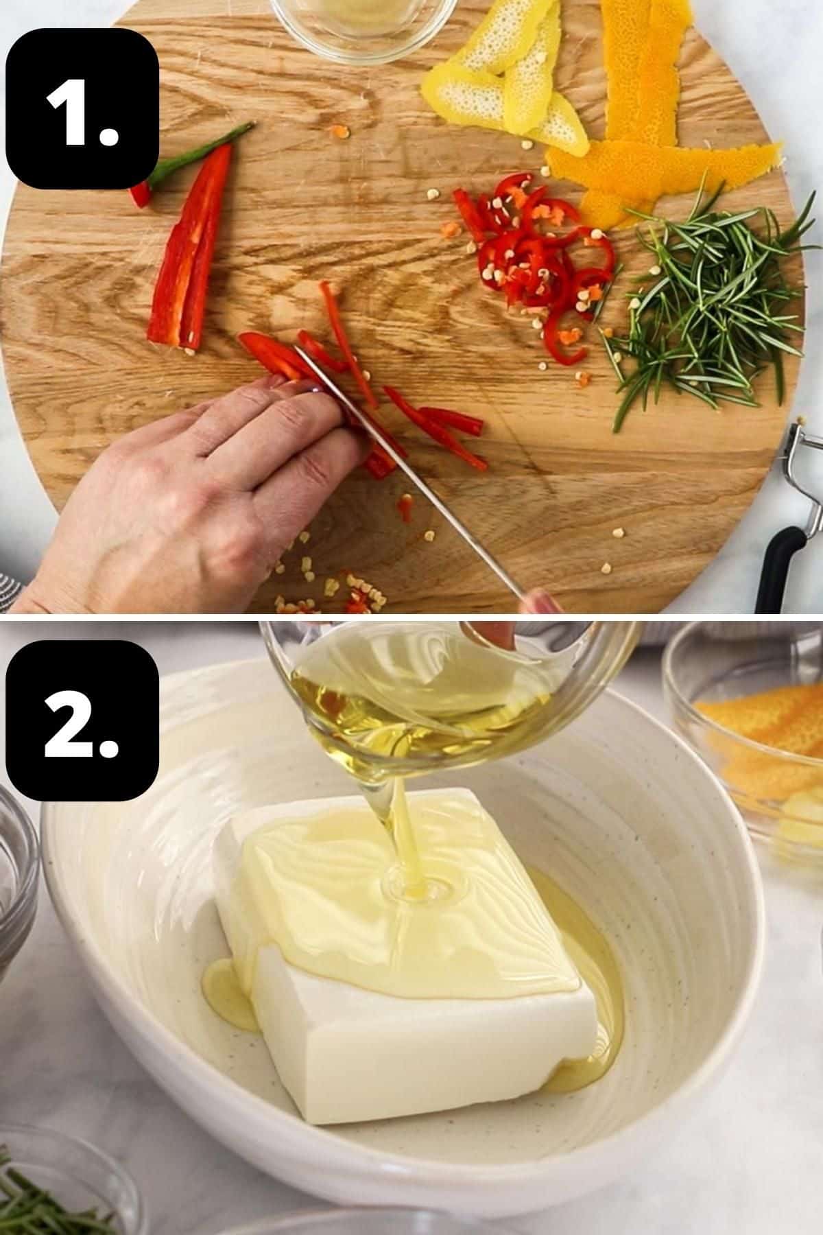 Steps 1-2 of preparing this recipe - the chilli, rosemary and citrus and feta in an oval dish with olive oil being poured over.