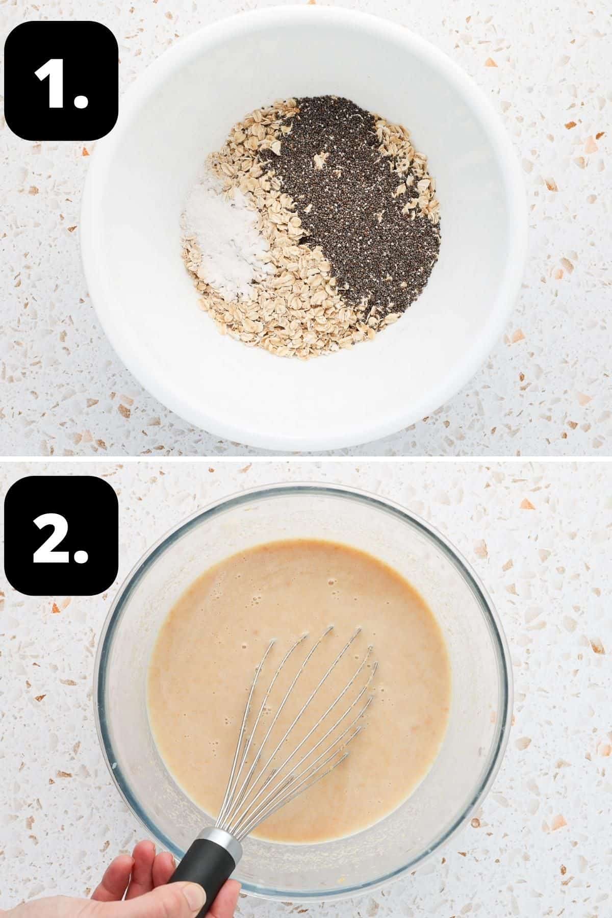 Steps 1-2 of preparing this recipe - the dry ingredients in one bowl and mixing the wet ingredients in another bowl.