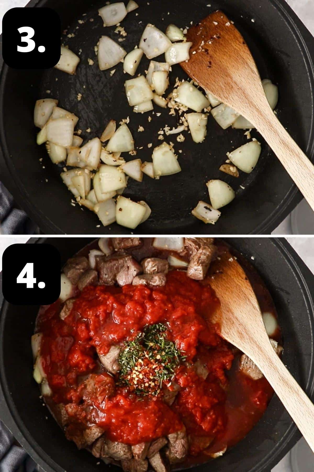 Steps 3-4 of preparing this recipe - cooking the onion and adding the beef, tomatoes and herbs to the dish.