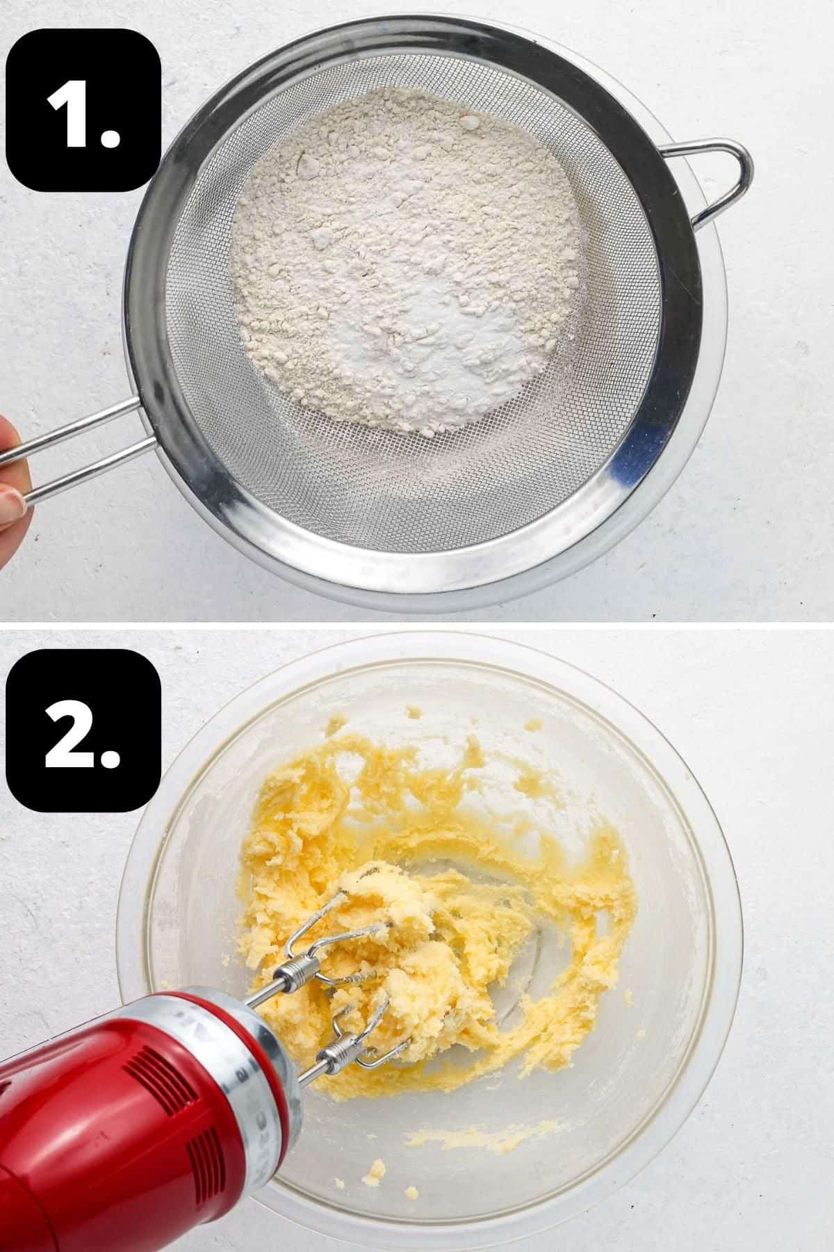 Steps 1-2 of preparing this recipe - sifting dry ingredients into a bowl and creaming the butter and sugar together in a bowl.