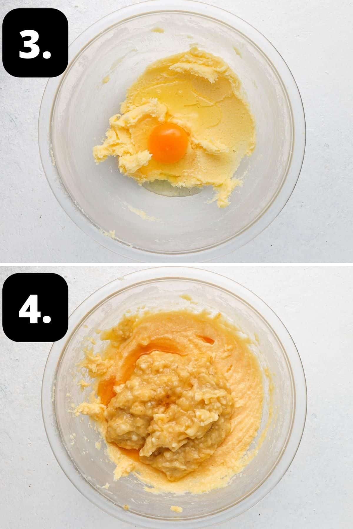 Steps 3-4 of preparing this recipe - adding an egg to sugar butter mix and then adding banana and vanilla.
