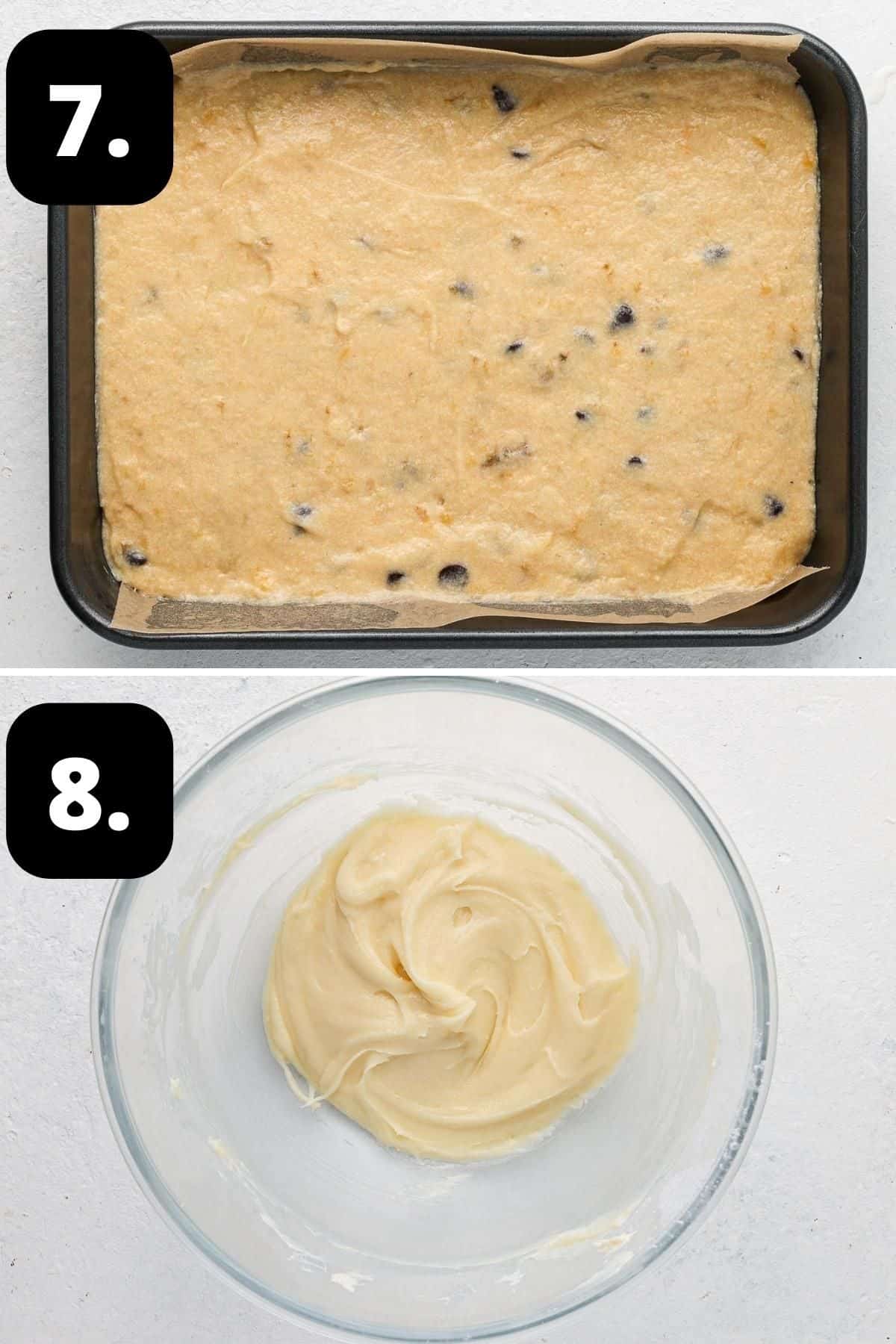 Steps 7-8 of preparing this recipe - the slice batter in baking tin ready for the oven and the cream cheese frosting in a bowl.