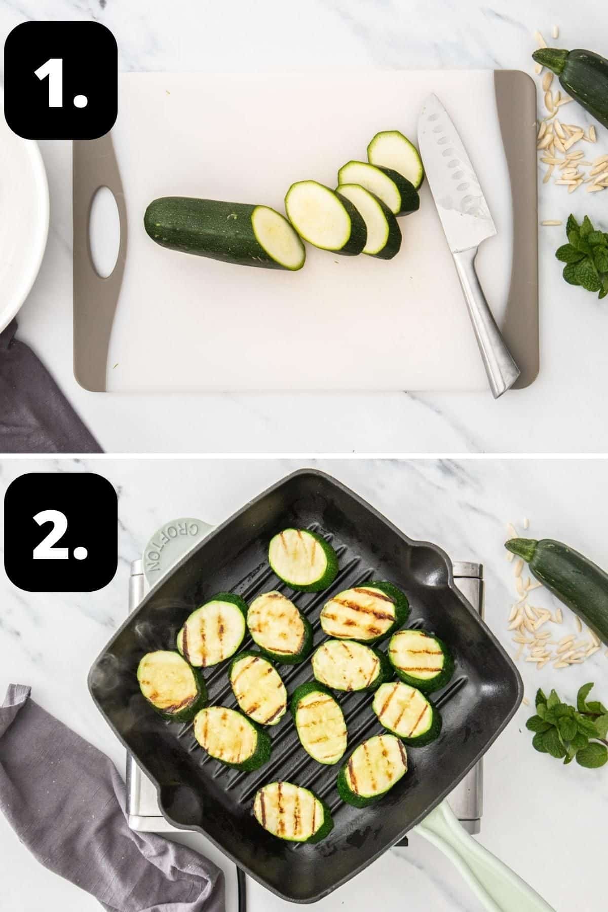 Steps 1-2 of preparing this recipe - slicing the zucchini on a chopping board and grilling it in a grill pan.