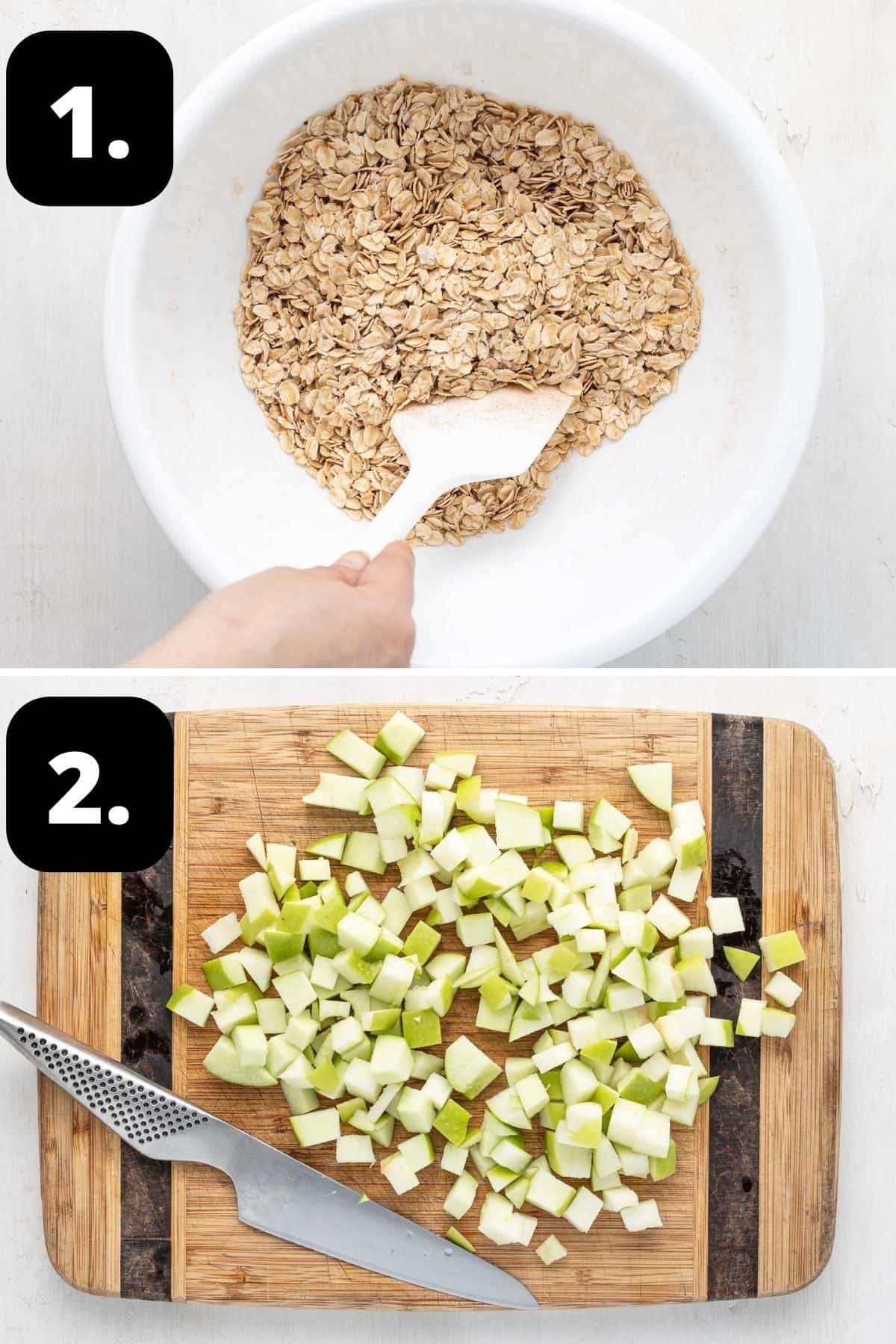 Steps 1-2 of preparing this recipe - mixing the dry ingredients together in a bowl and chopping the apple into small cubes.