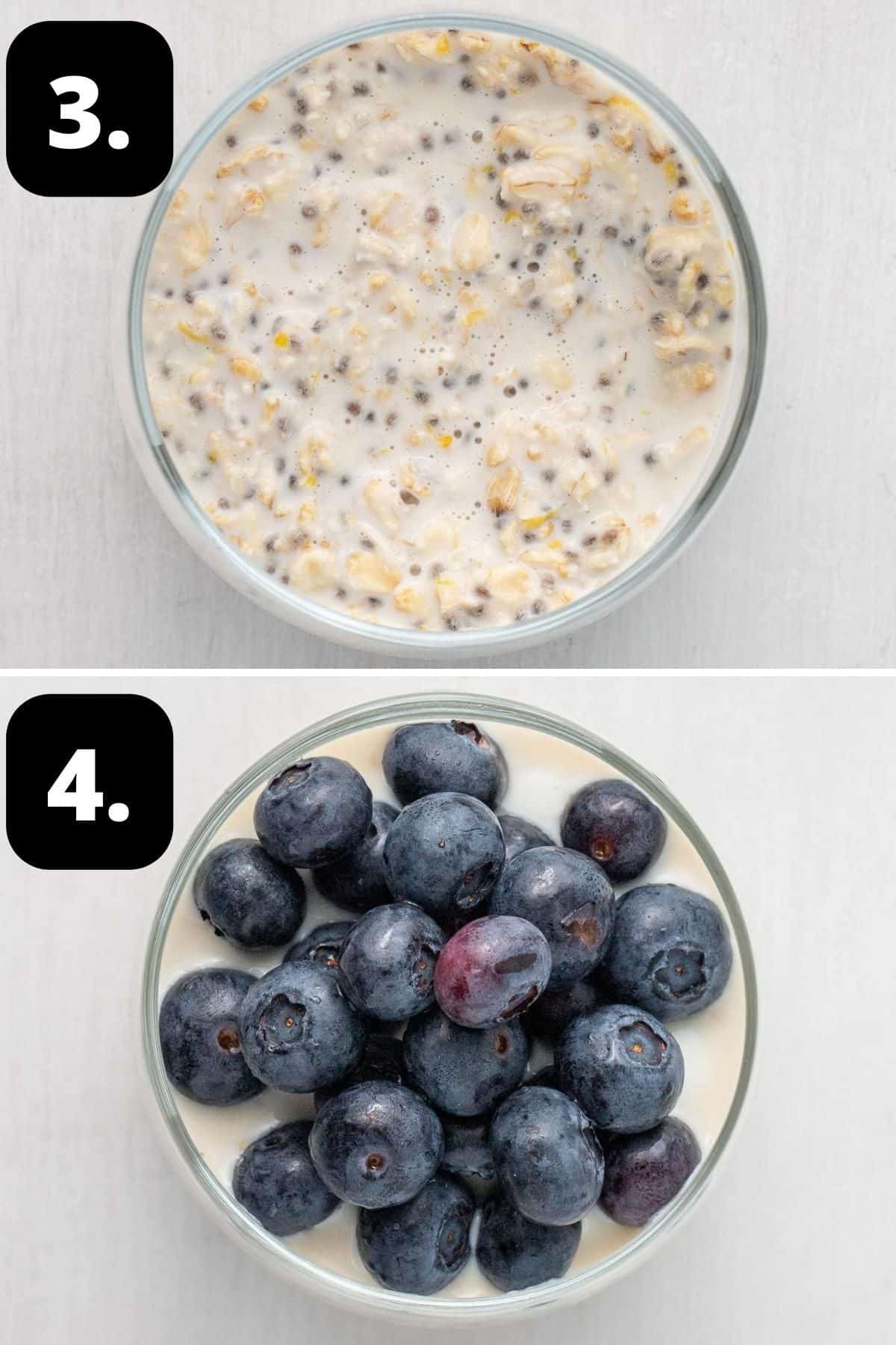 Steps 3-4 of preparing this recipe - the oat mixture in a jar and a serving topped with blueberries.