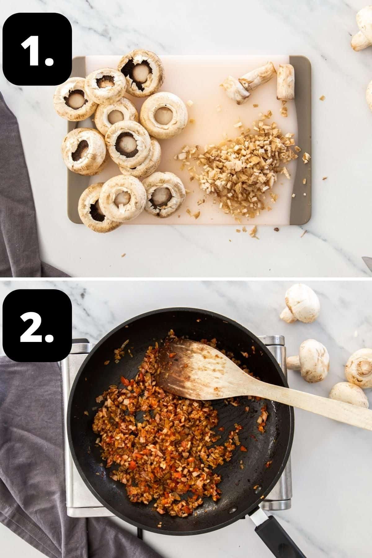 Steps 1-2 of preparing this recipe - removing the stem from the mushrooms and frying the ingredients for the filling.