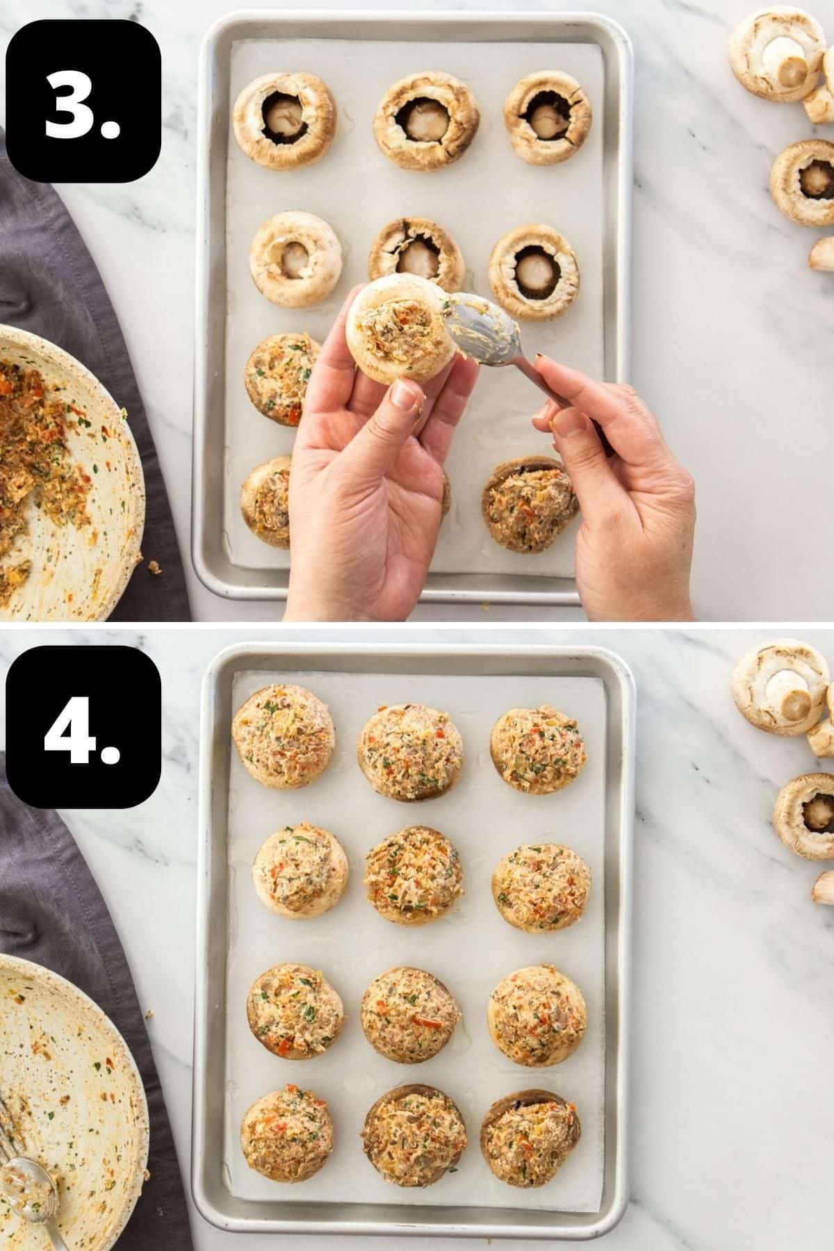 Steps 3-4 of preparing this recipe - adding the filling to the mushrooms and the mushrooms on a baking tray ready to bake.