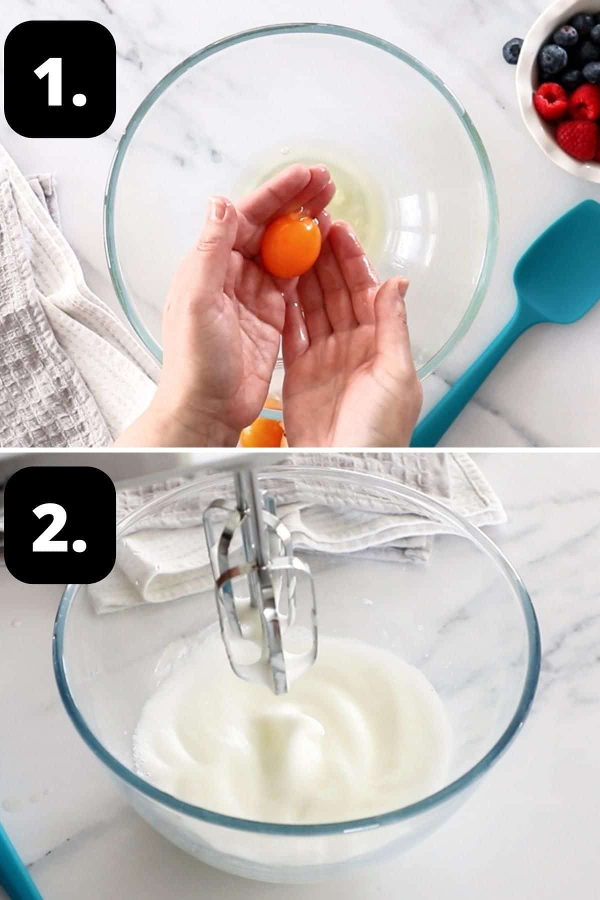 Steps 1-2 of preparing this recipe - separating the eggs and beating the egg whites in a glass bowl.