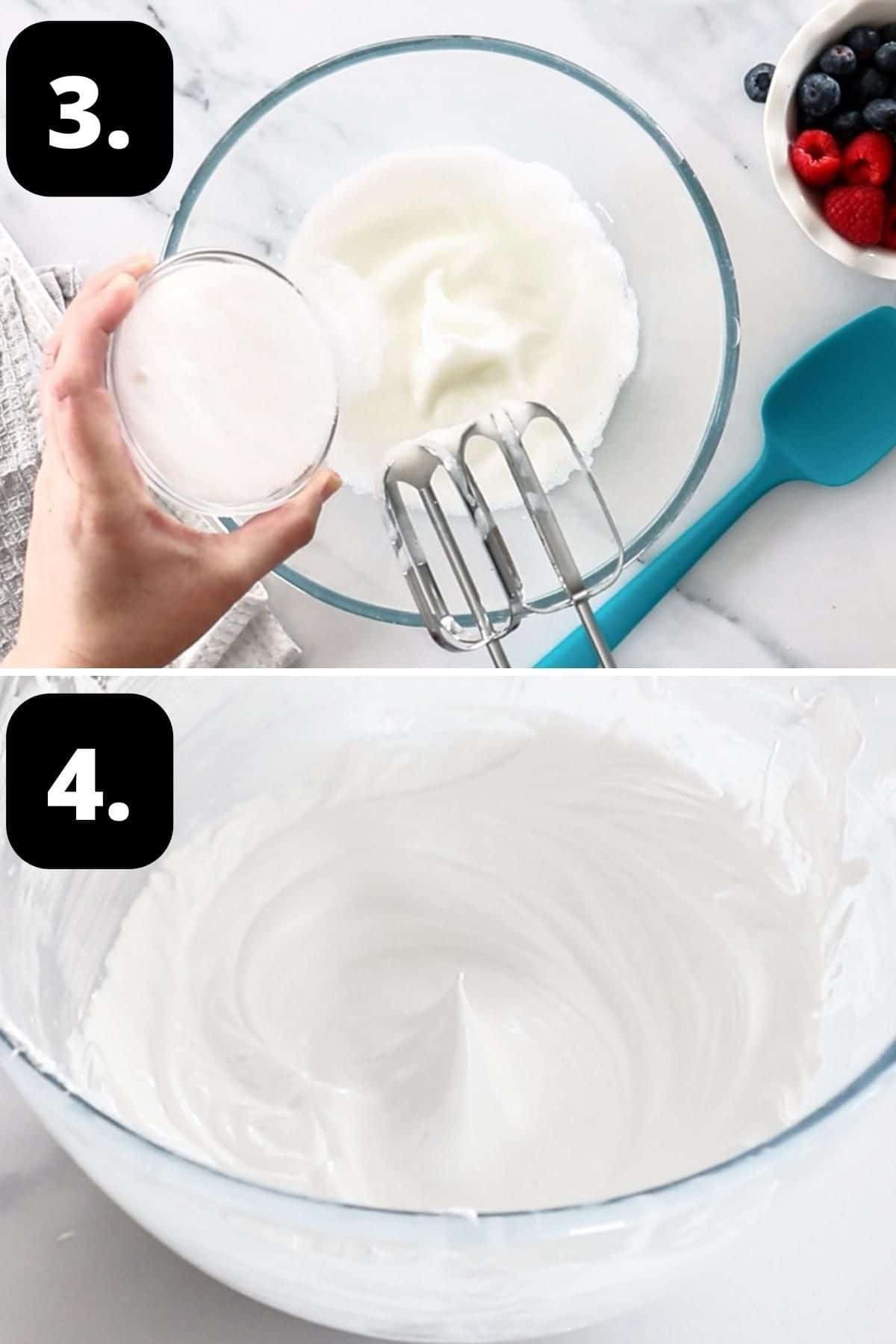 Steps 3-4 of preparing this recipe - adding the sugar to the egg whites and the beaten mixture.