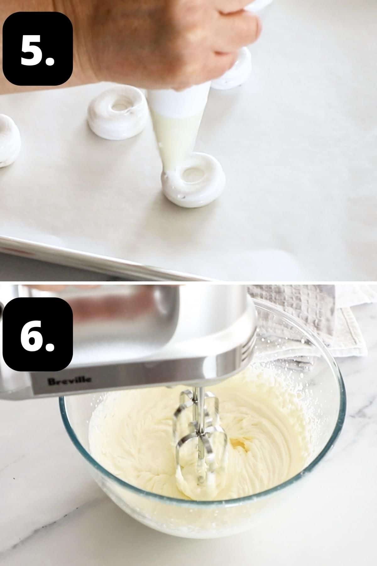Steps 5-6 of preparing this recipe - piping the meringue nests and beating the cream for the filling.