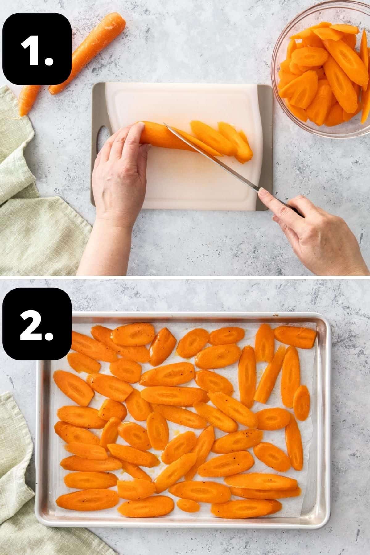 Steps 1-2 of preparing this recipe - slicing the carrots and the carrots on a baking tray ready to be roasted.