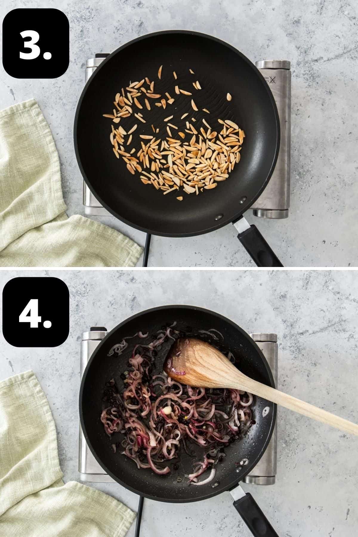 Steps 3-4 of preparing this recipe - toasting the almonds in a pan and cooking the onions in a pan.