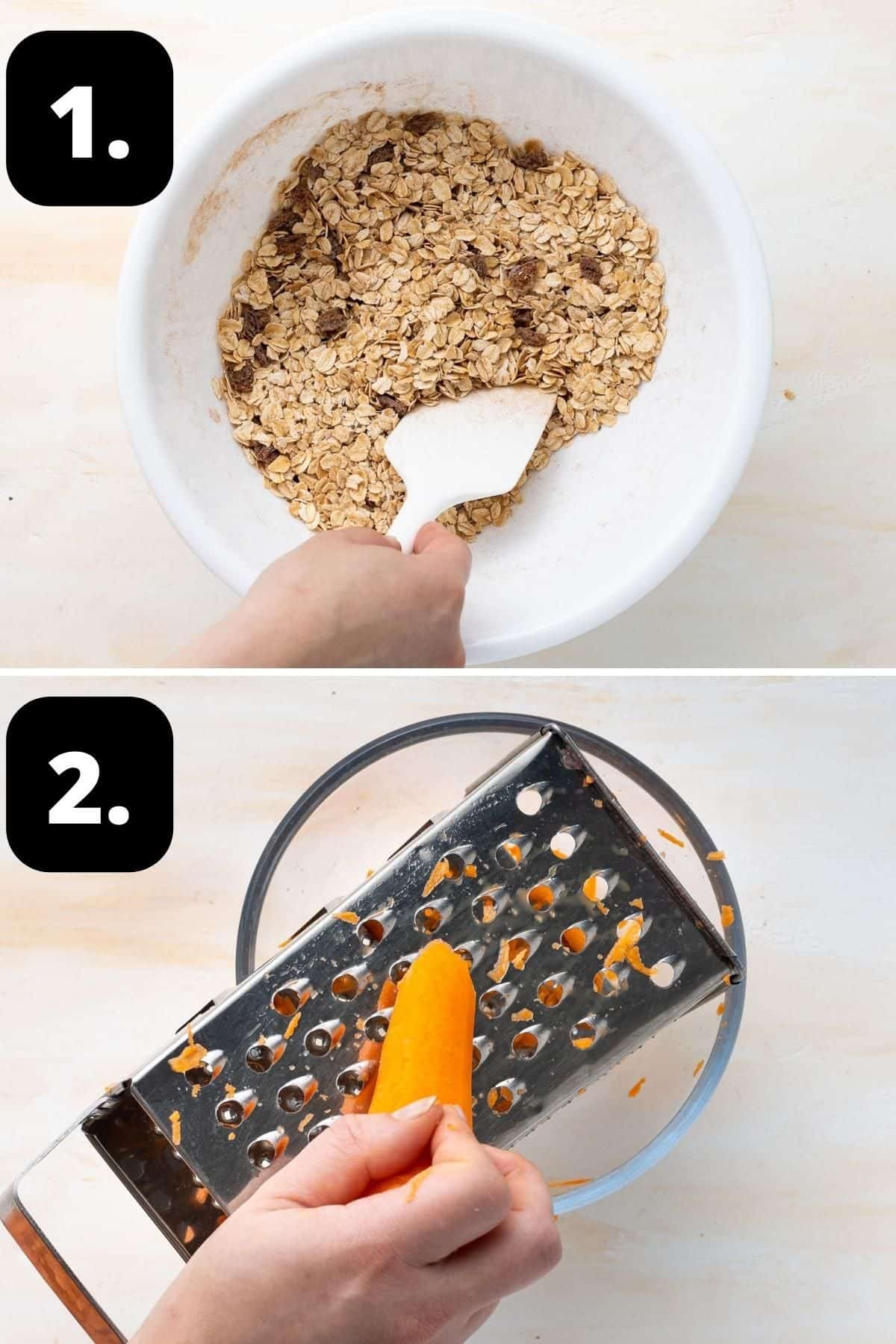 Steps 1-2 of preparing this recipe - mixing the dry ingredients in a bowl and grating the carrots on a box grater.