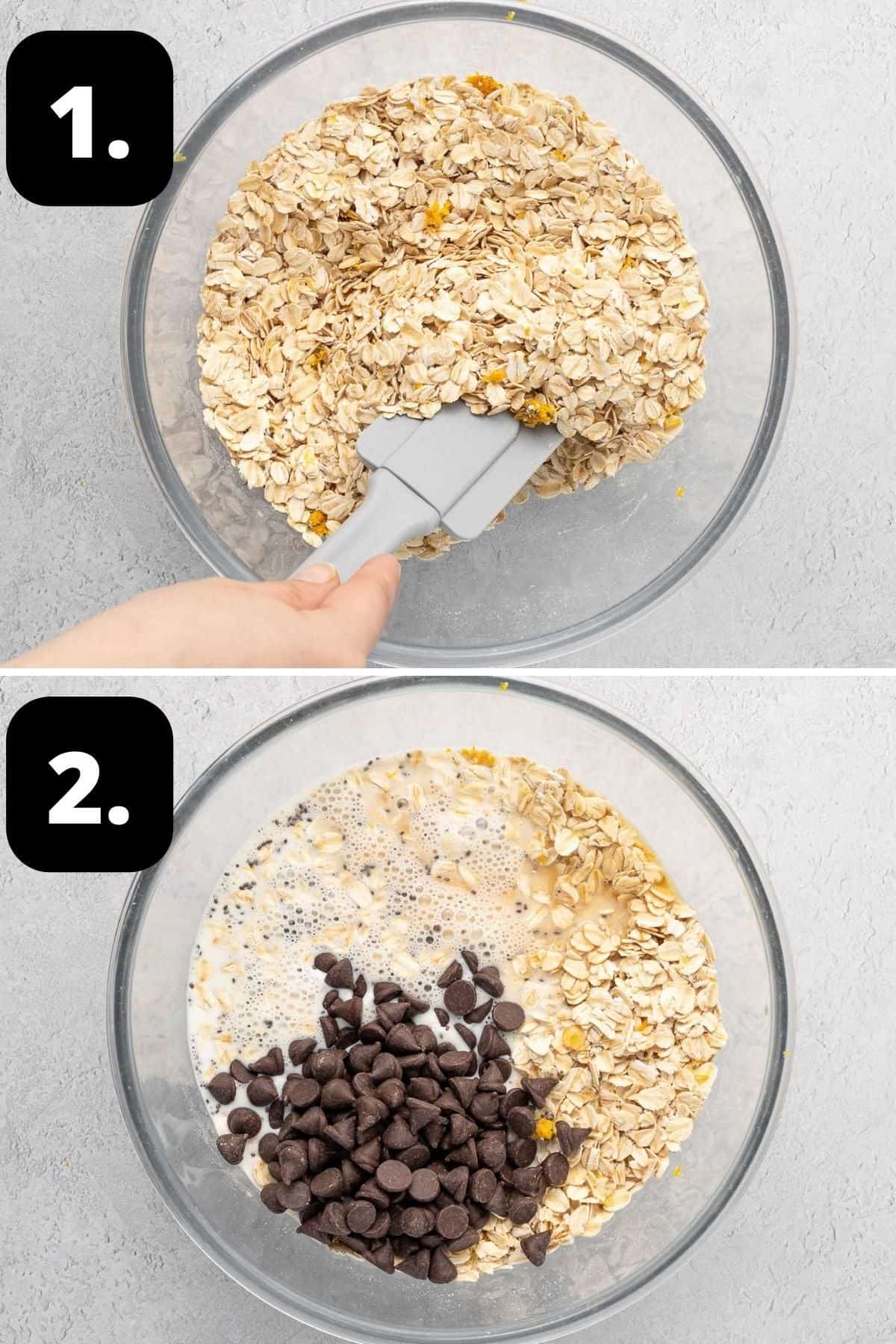 Steps 1-2 of preparing this recipe - mixing the dried ingredients in a bowl and adding in the milk and chocolate chips to bowl.