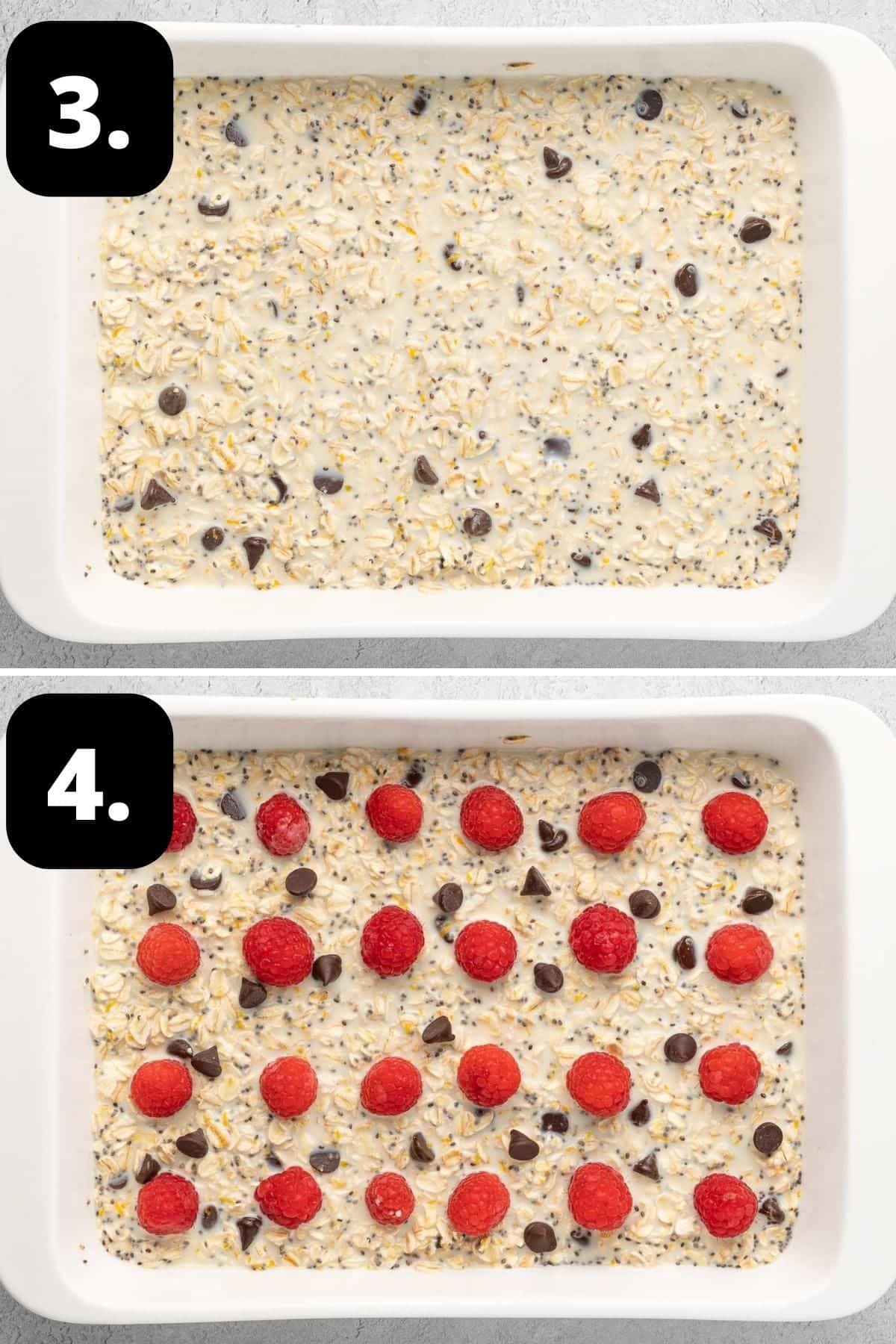 Steps 3-4 of preparing this recipe - the oat mixture in the baking dish and topped with the raspberries, ready for the oven.